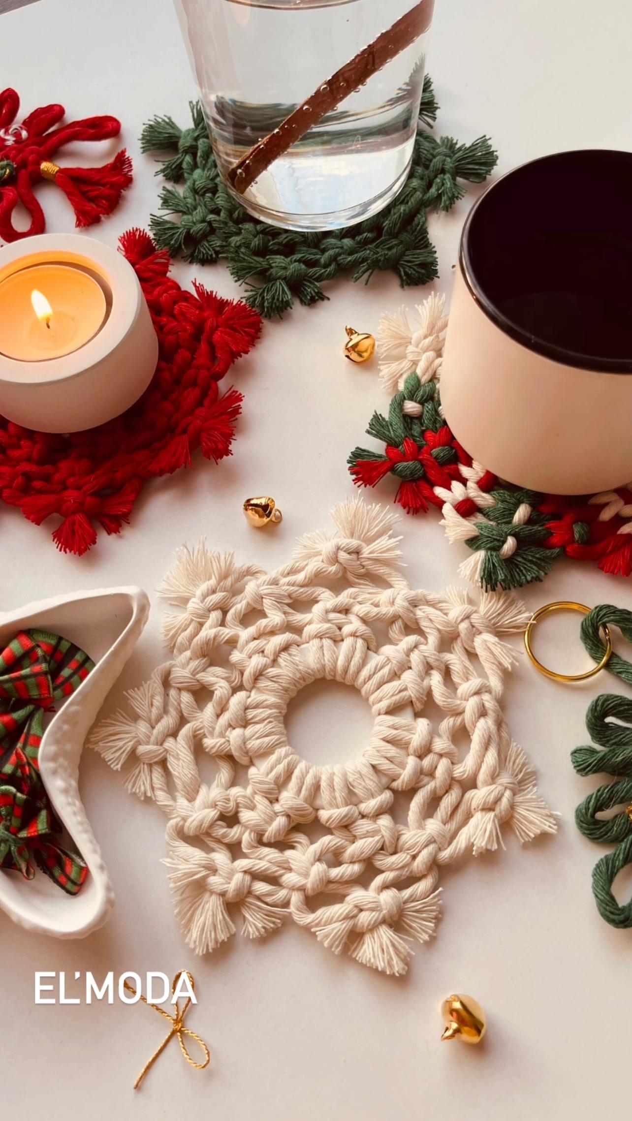 Yılbaşı Temalı El Yapımı Makrome Kar Tanesi Bardak Altlığı  - ekru