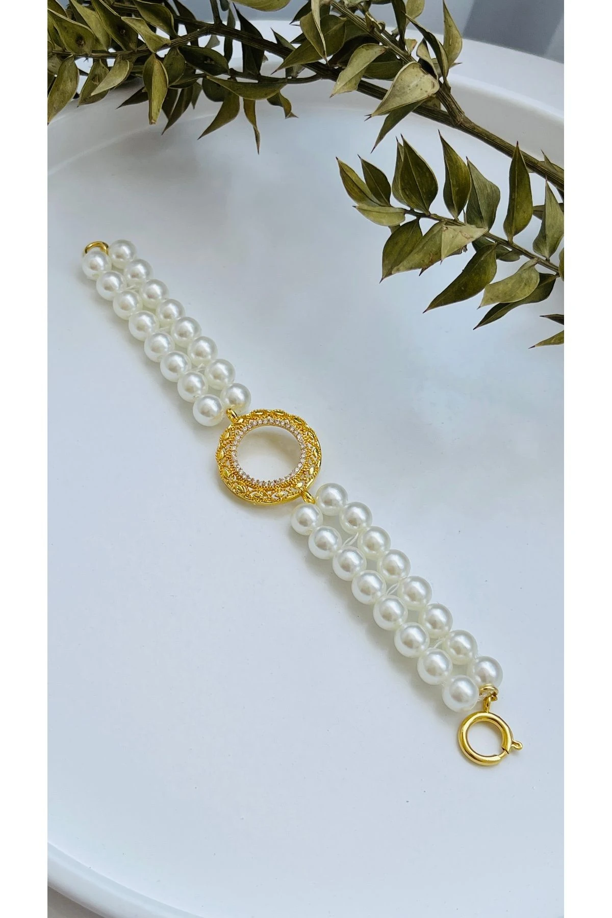 Çeyrek Takılan Bileklik - Zirkon Taşlı Altın Kaplama Çerçeveli Inci Kordonlu Çeyrek Bileklik