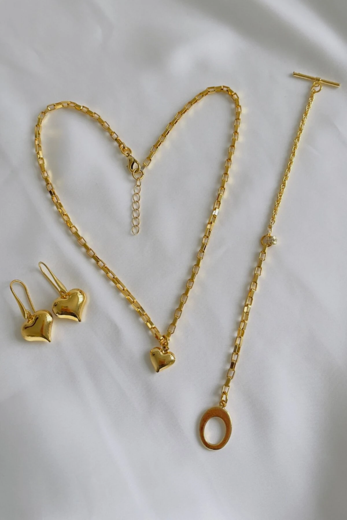 Altın Kaplama Kalpli Kolye Bileklik Küpe Takımı