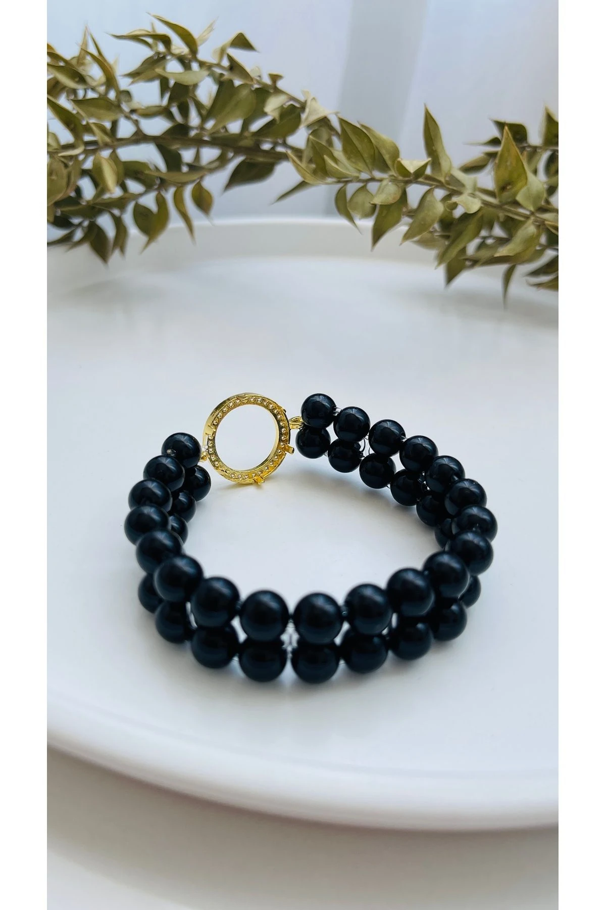 Siyah Incili Çeyrek Takılan Bileklik Zirkon Taşlı Altın Kaplama Çerçeveli Çeyrek Bileklik