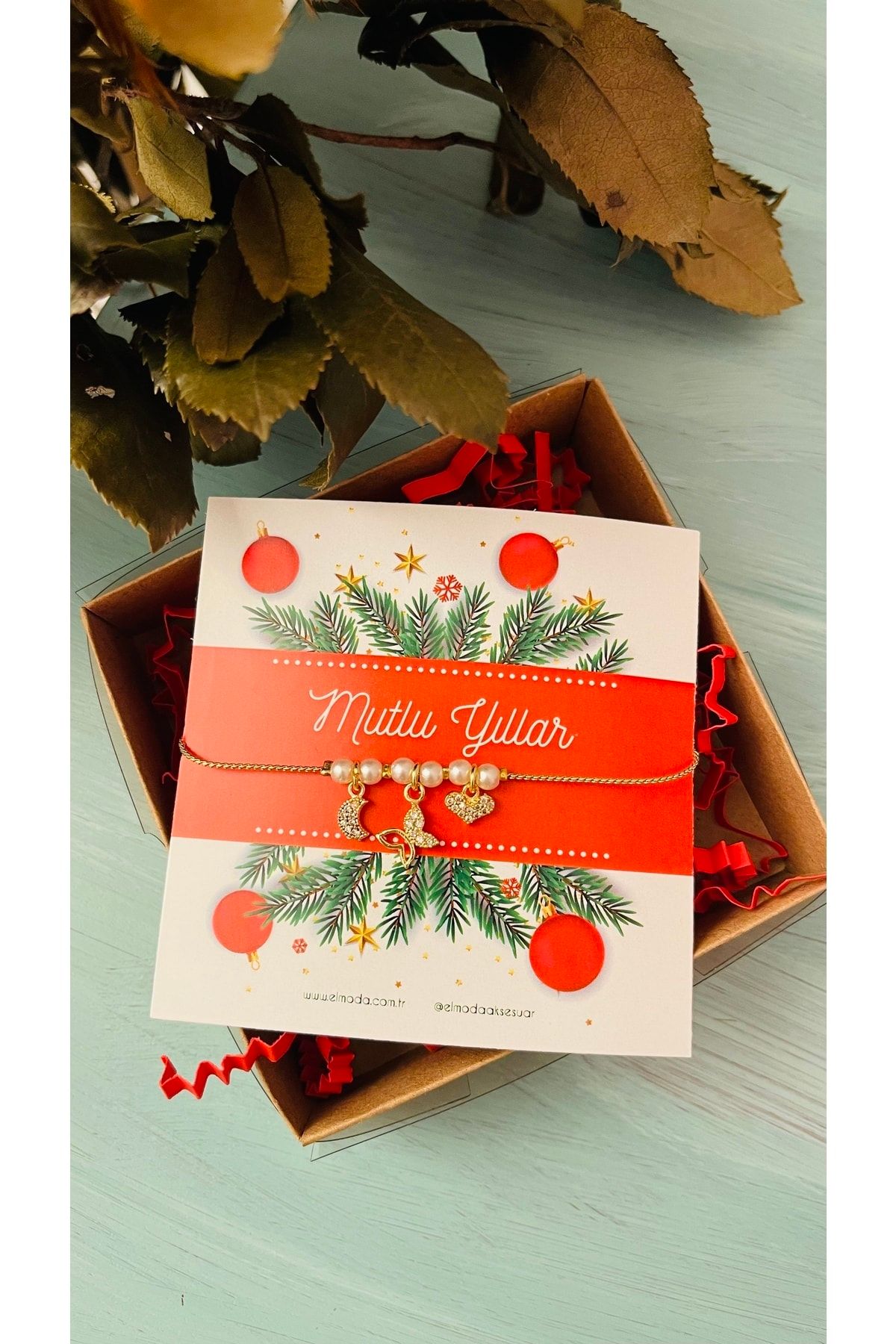 Yılbaşı Hediyesi - Şans Bilekliği - Zirkon Taşlı Kelebek, Ay Ve Kalp Sembollü Incili Bileklik