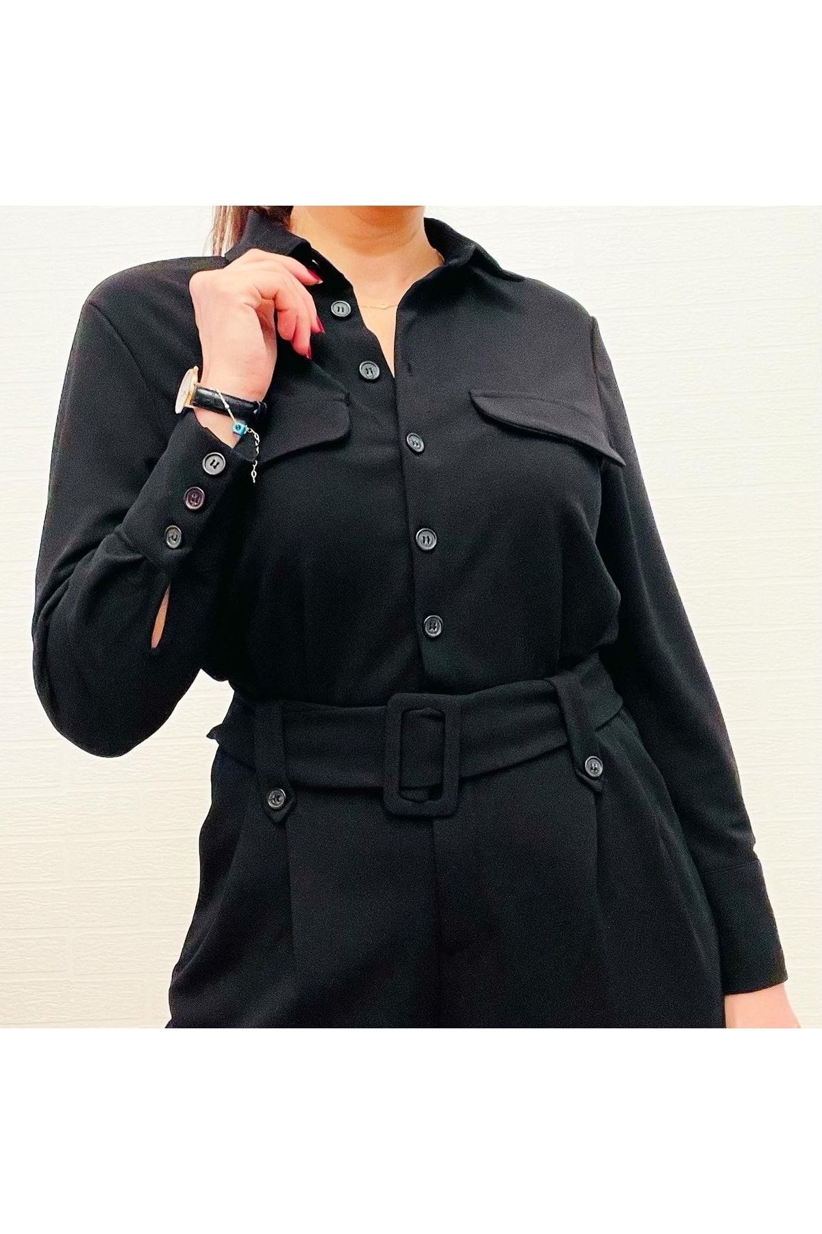 Kemerli Siyah Tulum - Hotfashion