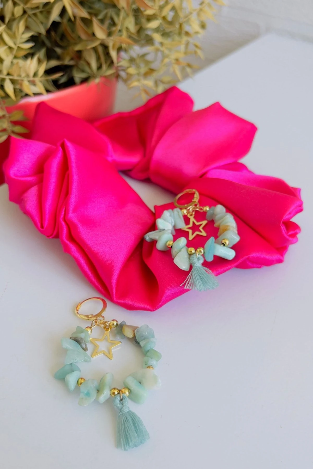 Turkuaz Taş Yıldız Detaylı Püsküllü Küpe