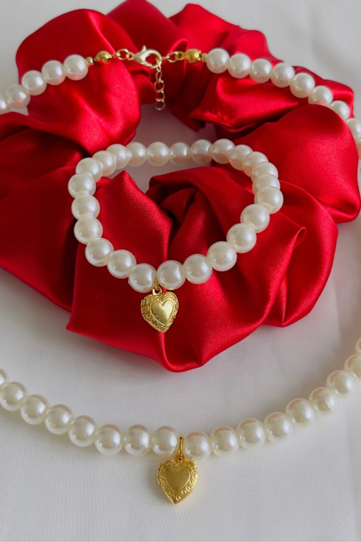 Altın Kaplama Açılır Kalpli Inci Kolye Bileklik Takımı