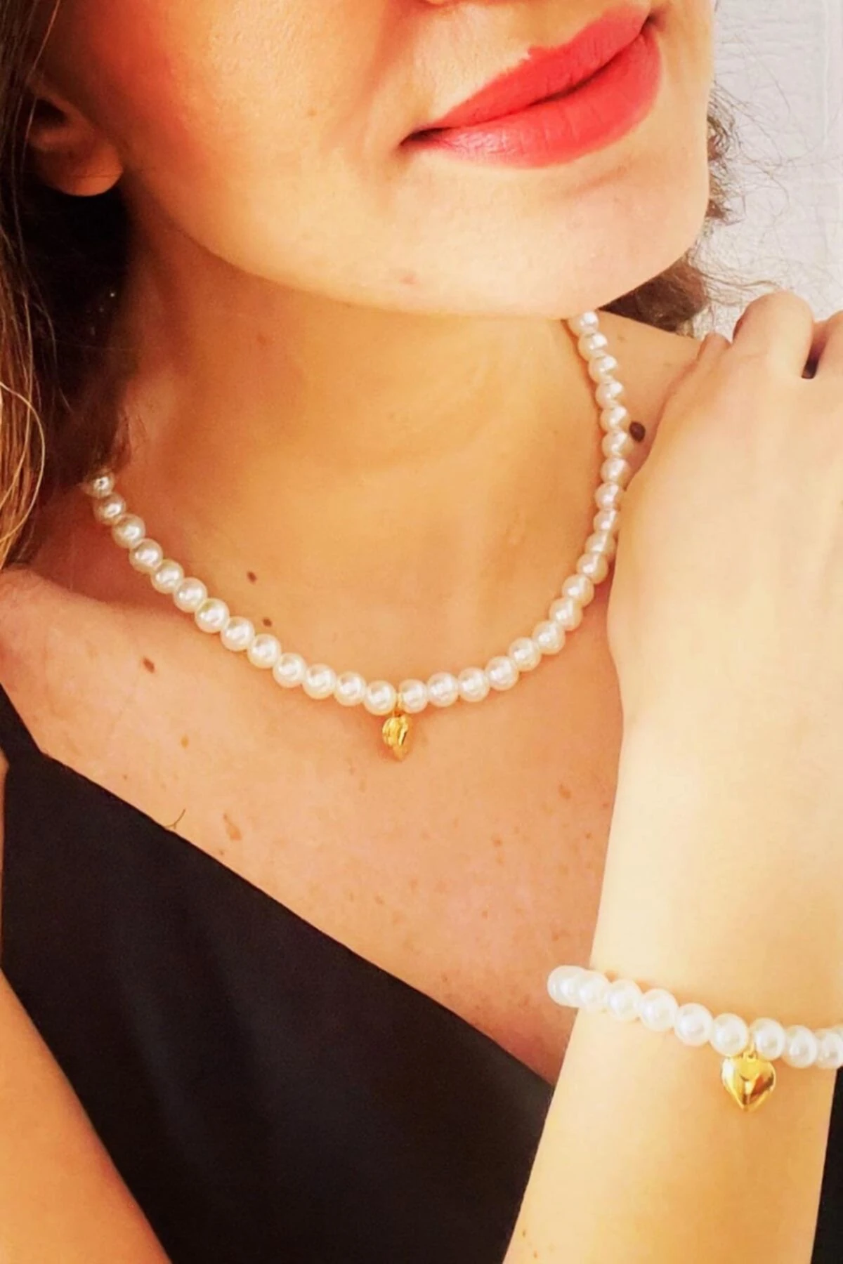 Altın Kaplama Açılır Kalpli Inci Kolye Bileklik Takımı