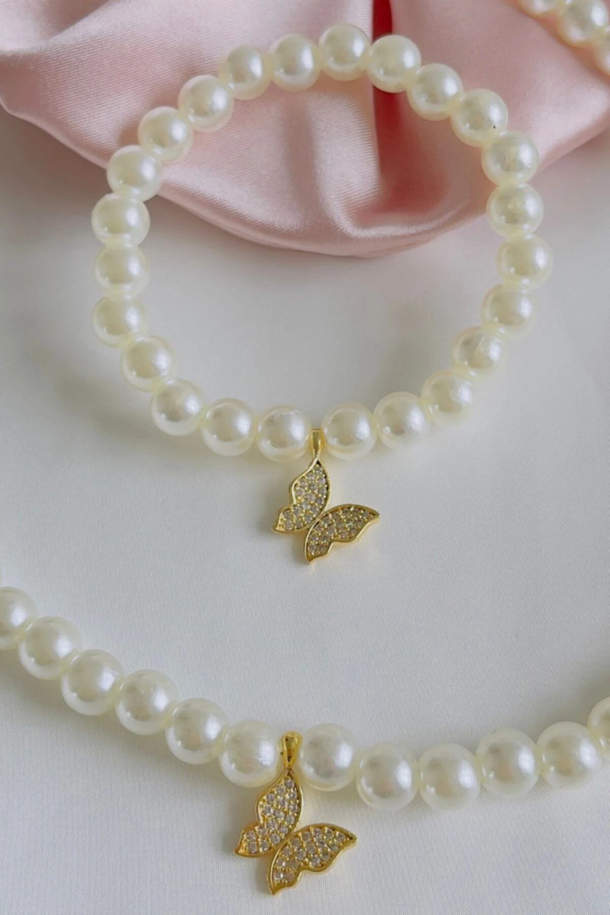 Kaplama Kelebekli Inci Kolye Bileklik Takımı