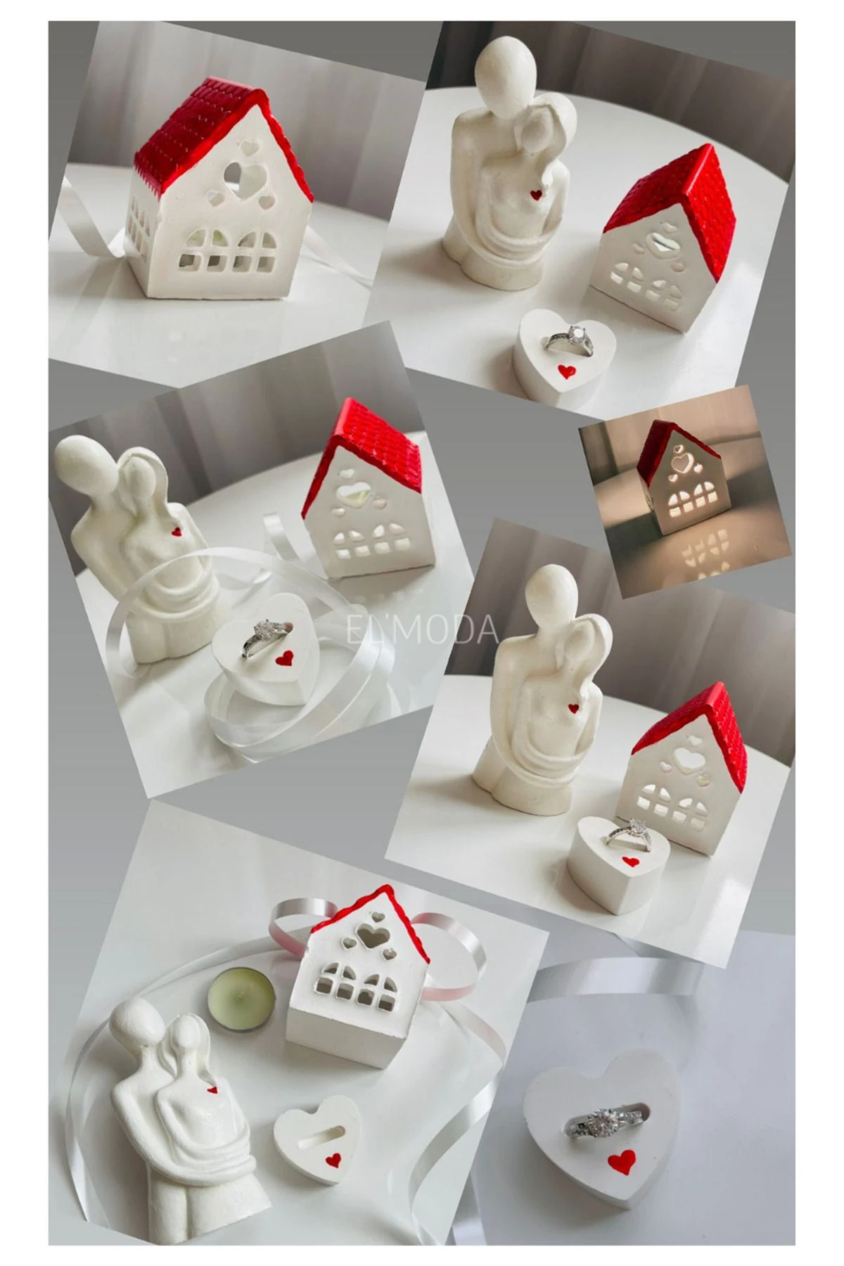 Romantik Sevgililer Günü Hediye Seti-Kalp Detaylı Sevgili Biblo, Aşk Evi Mumluk, Kalpli Yüzük Tutucu