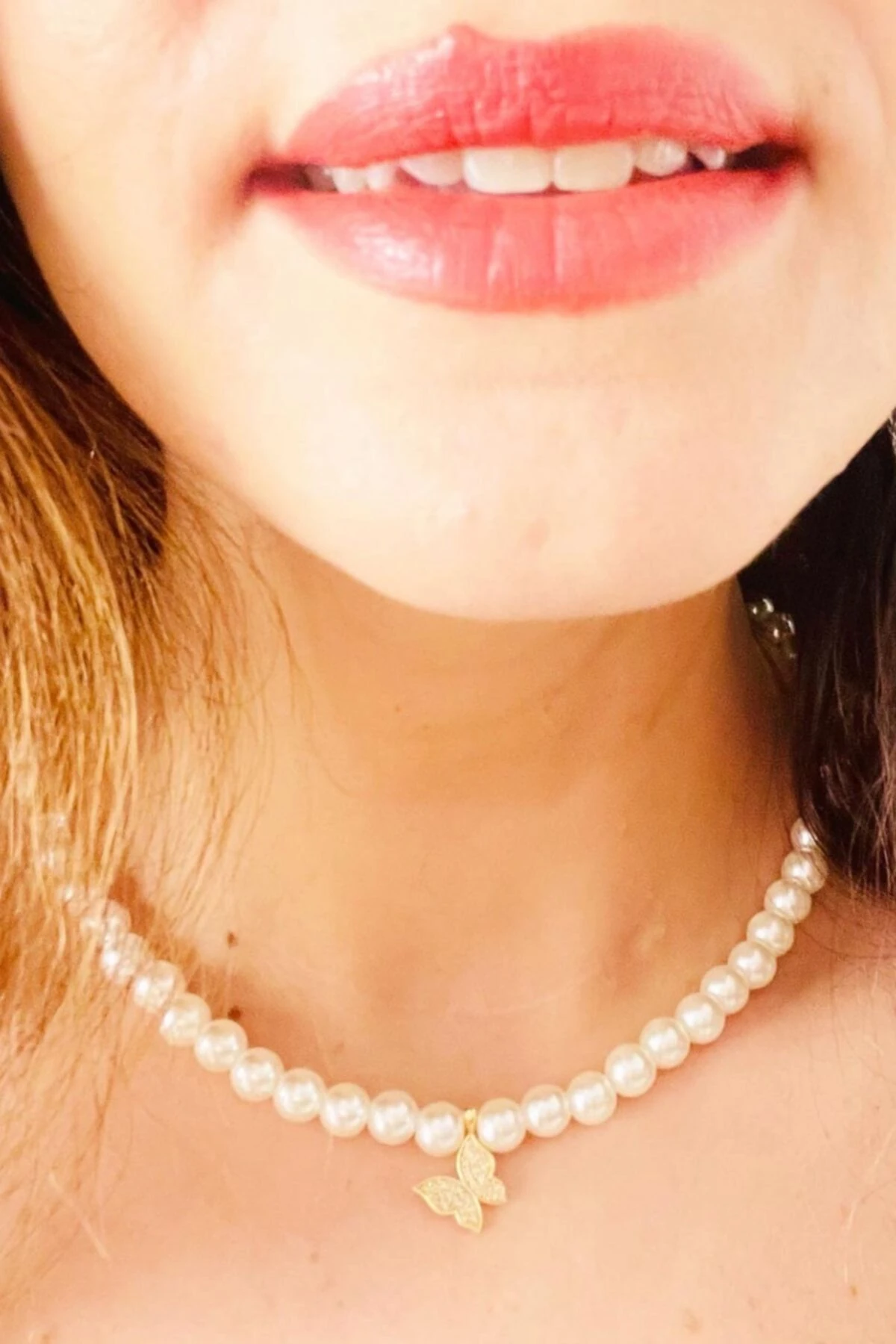 Kaplama Kelebekli Inci Kolye Bileklik Takımı