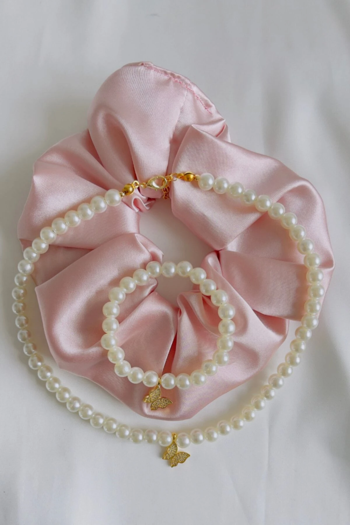 Kaplama Kelebekli Inci Kolye Bileklik Takımı