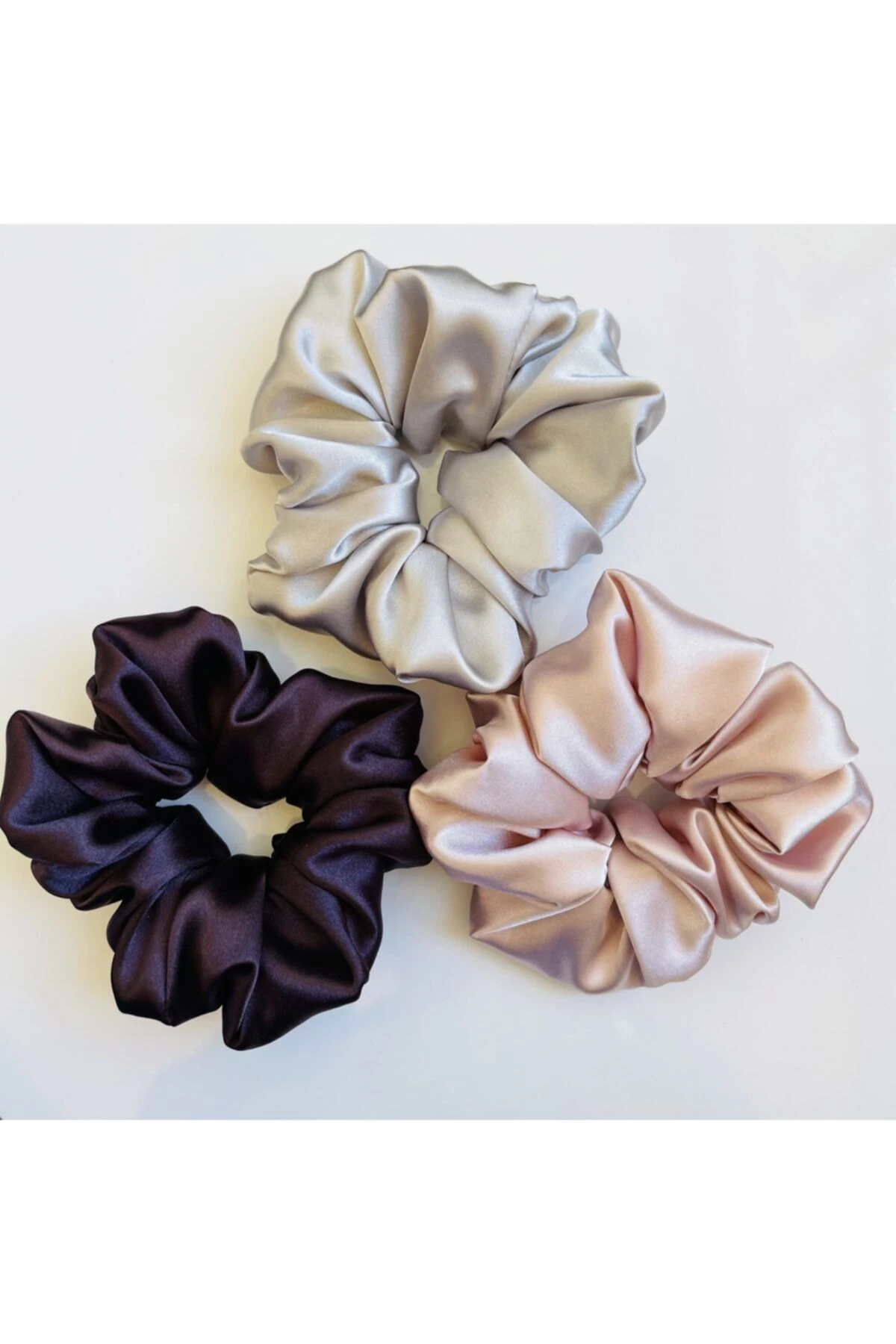 Saten Lastikli Toka / 3’lü Set / Pembe-gri-patlıcan Moru