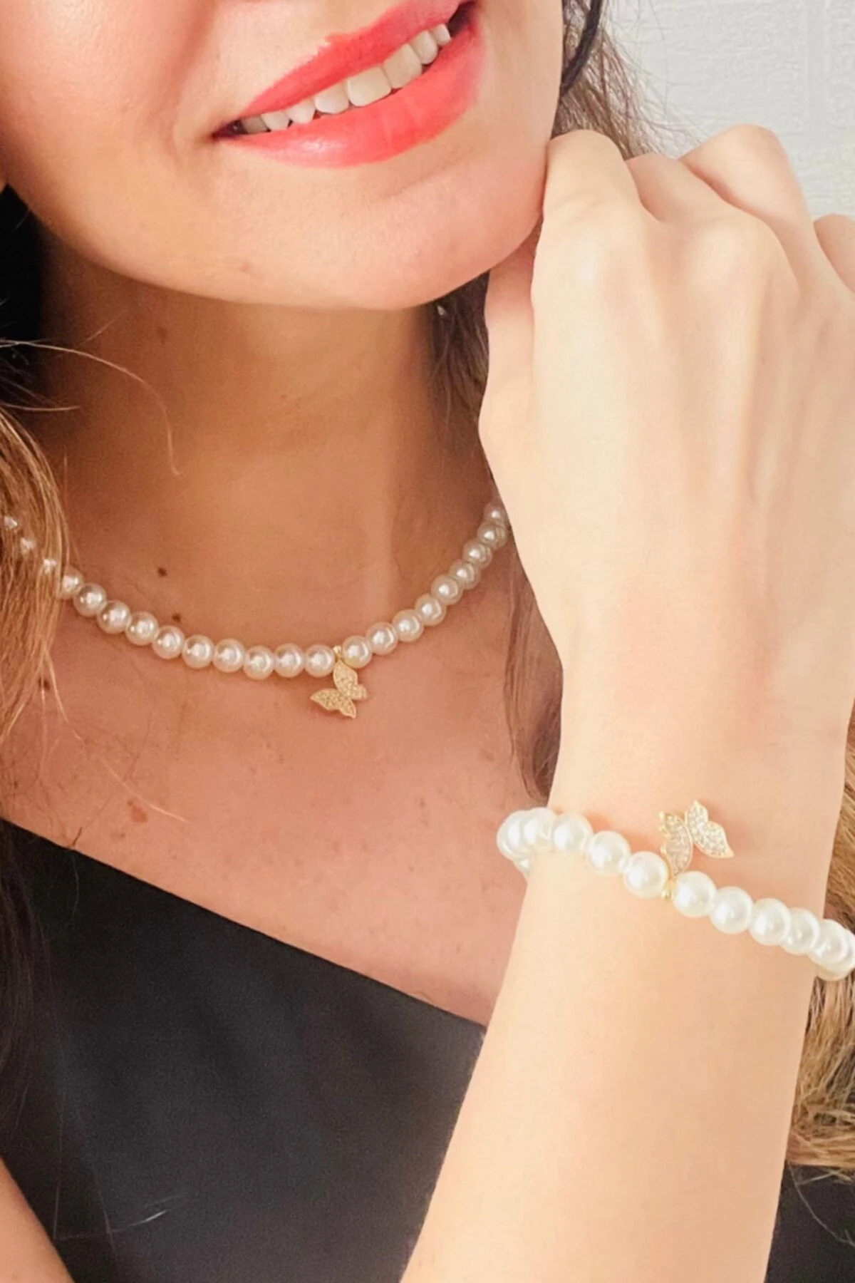 Kaplama Kelebekli Inci Kolye Bileklik Takımı