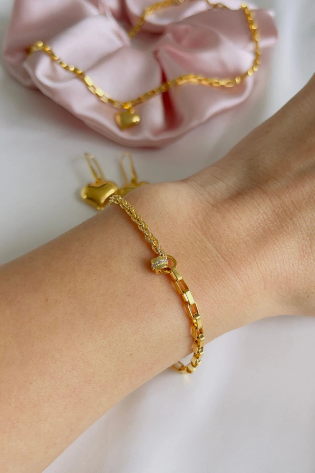 Altın Kaplama Kalpli Kolye Bileklik Küpe Takımı