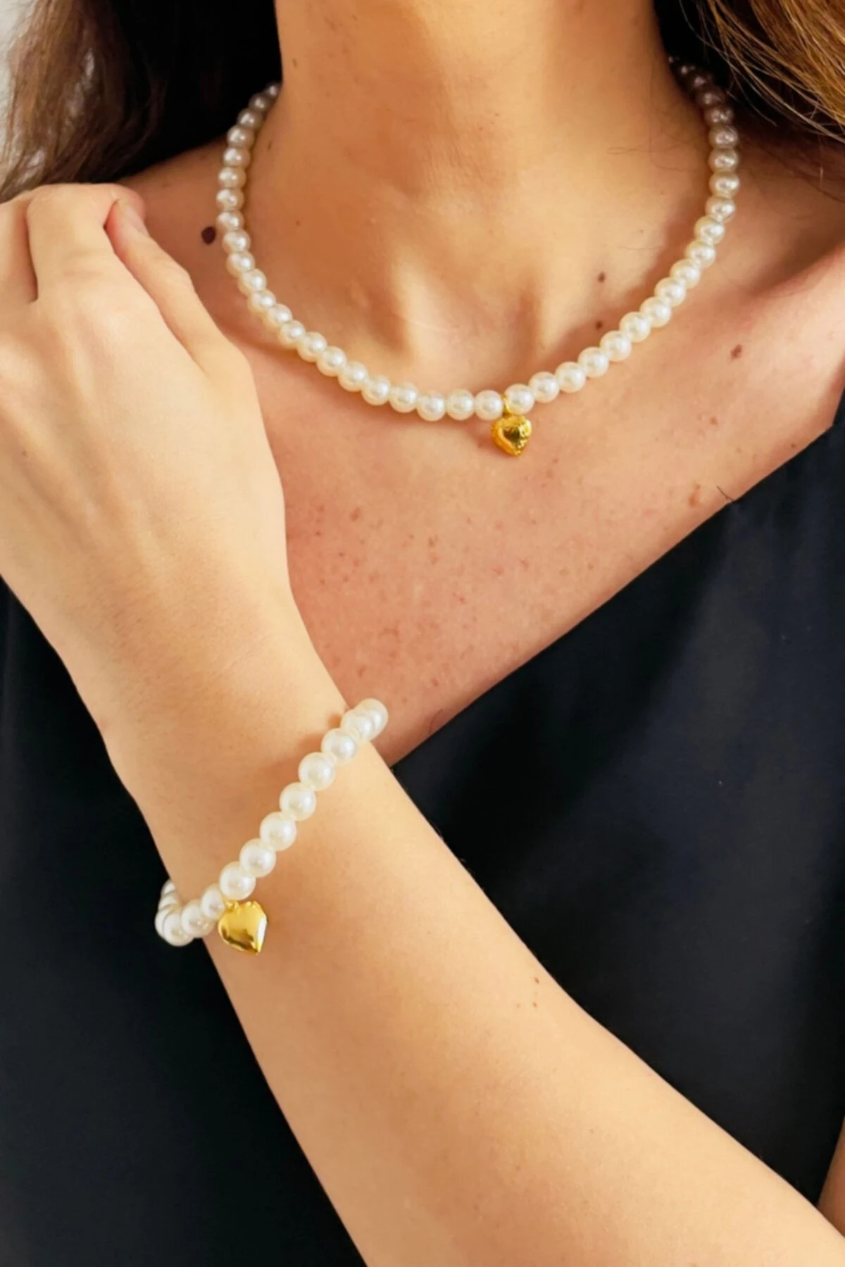 Altın Kaplama Açılır Kalpli Inci Kolye Bileklik Takımı