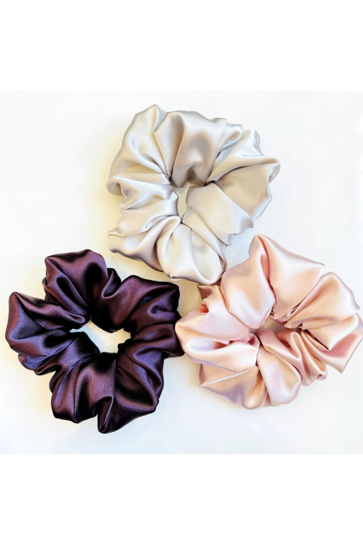 Saten Lastikli Toka / 3’lü Set / Pembe-gri-patlıcan Moru