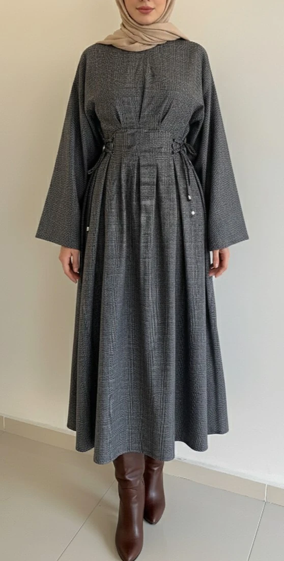 Bağlama Detaylı Ekose Elbise