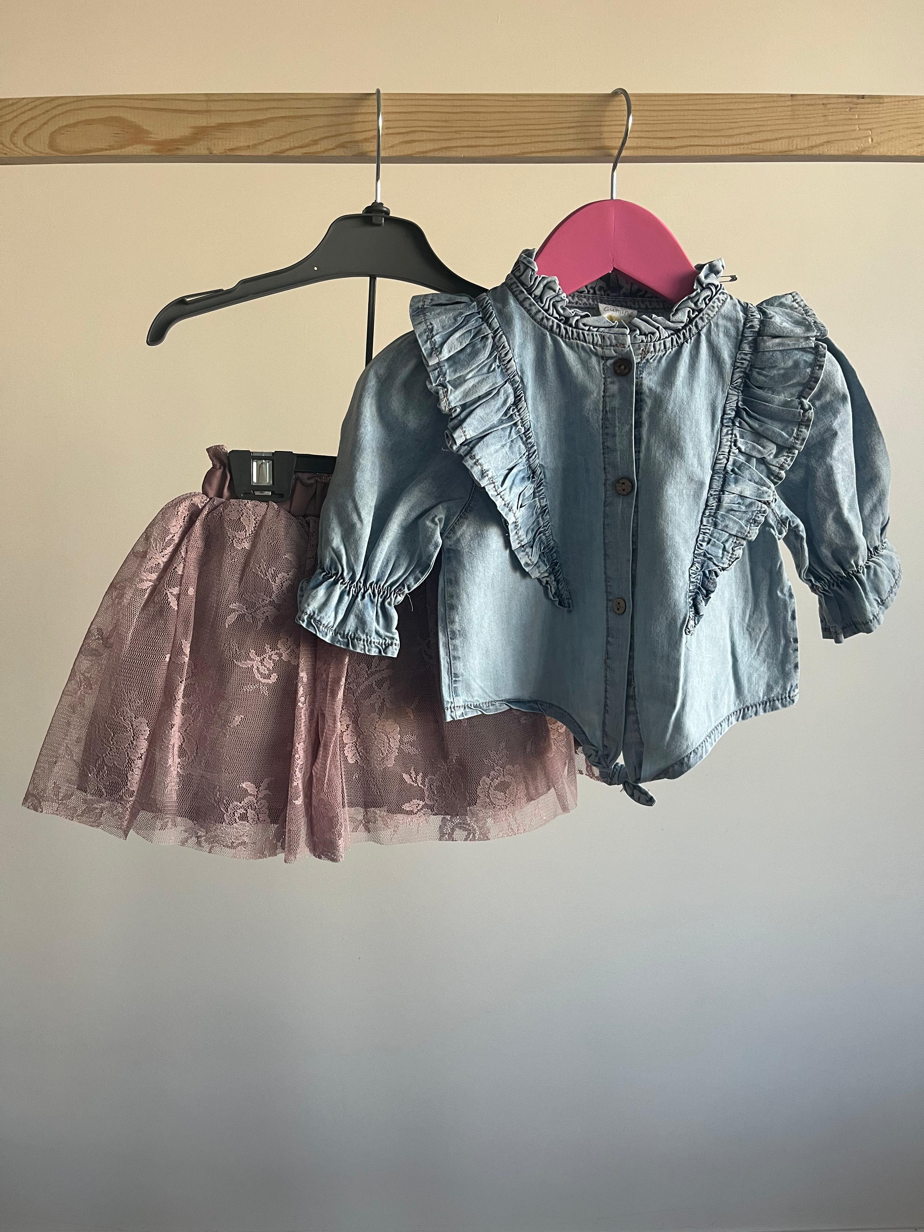 Denim Ruffle Shirt Tutu Skirt Set