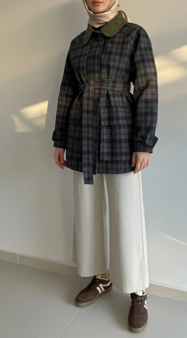 Ekose Desenli Astarlı Ceket-Trenç