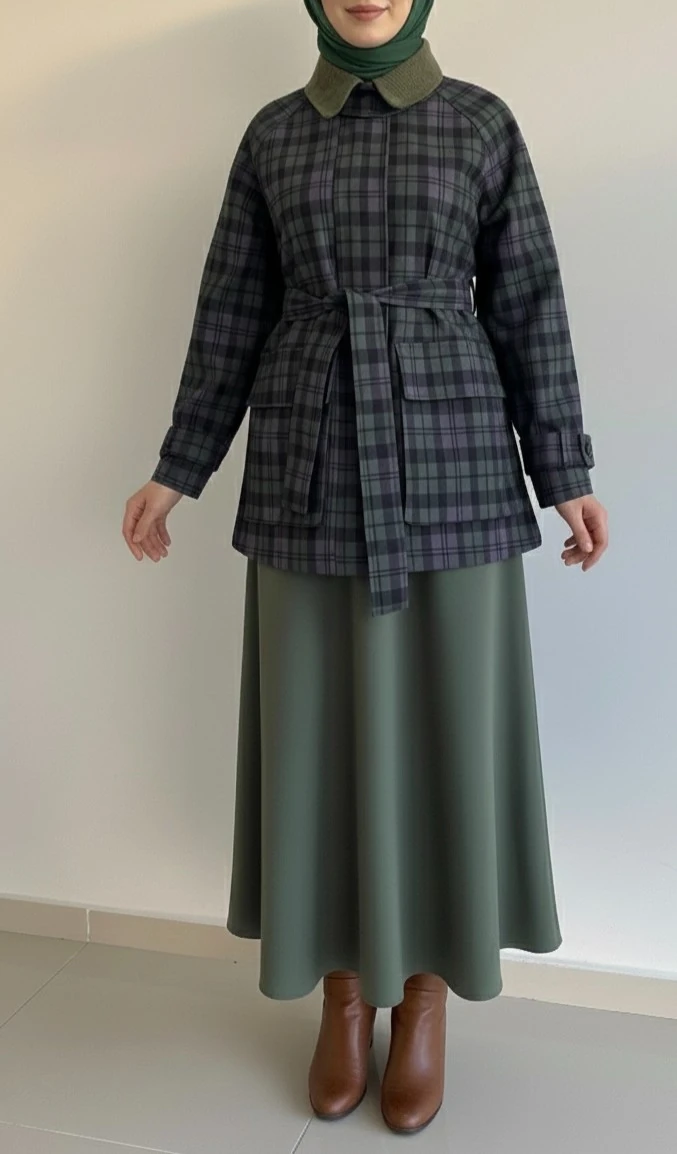 Ekose Desenli Astarlı Ceket-Trenç