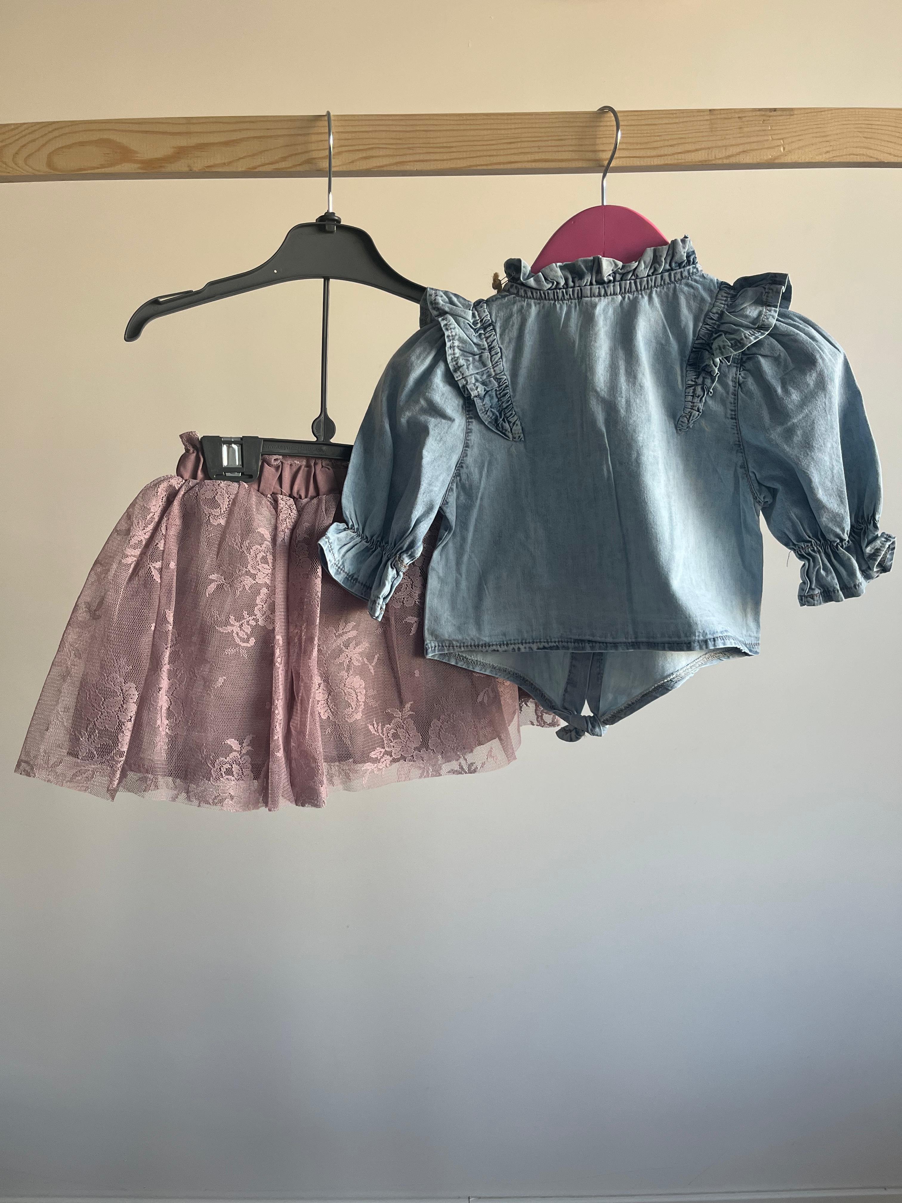 Denim Ruffle Shirt Tutu Skirt Set