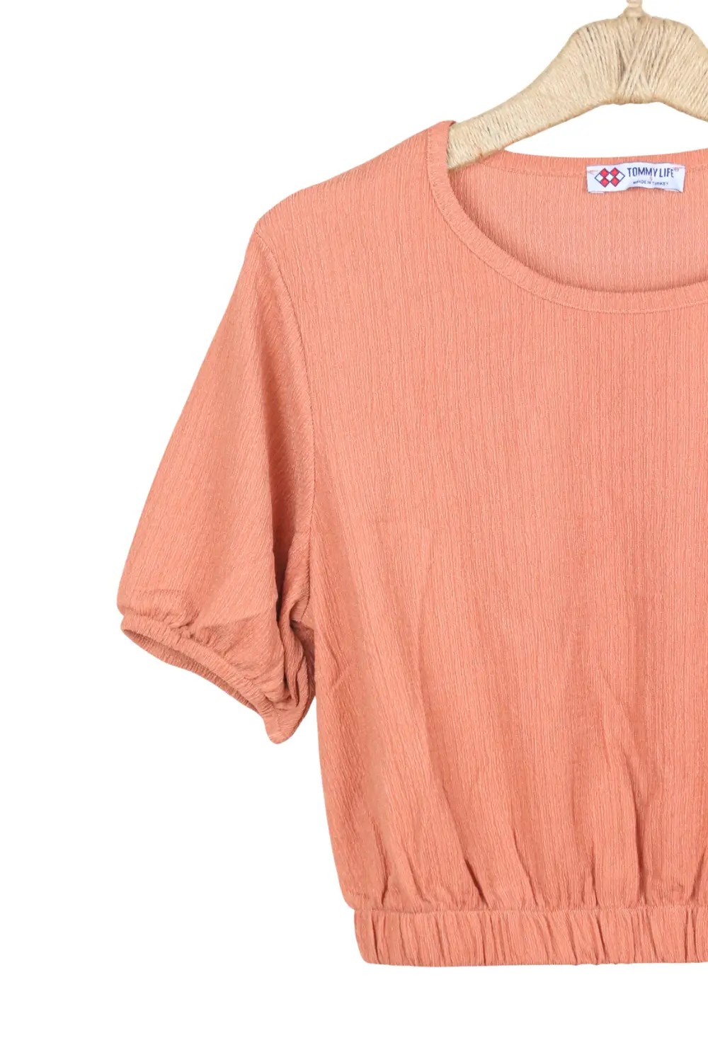 Balon Kol O Yaka Beli Lastikli Kadın Crop Top T-Shirt - TYLE23