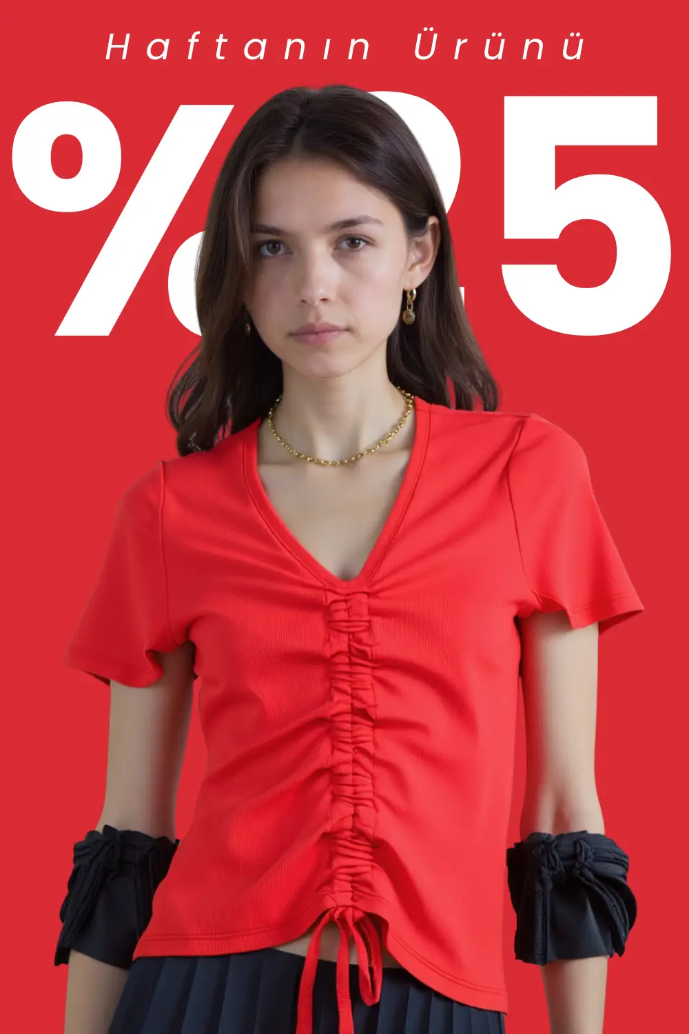 Büzgü Detaylı V Yaka Kadın Crop Top T-Shirt - TYLE20