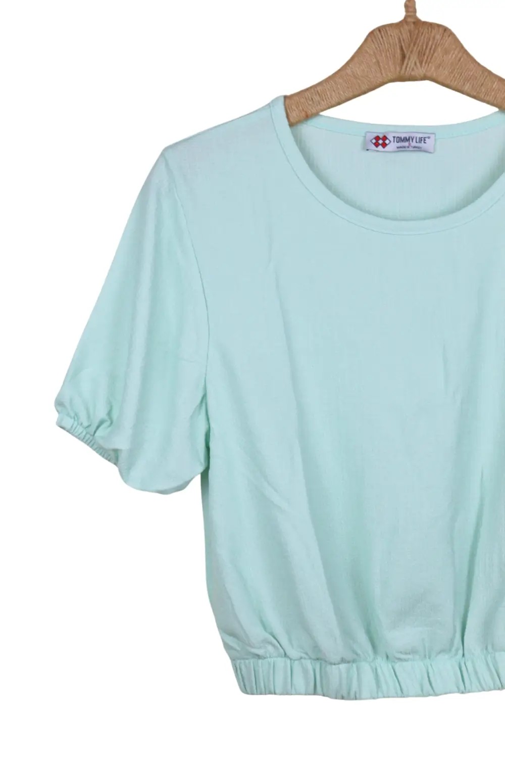 Balon Kol O Yaka Beli Lastikli Kadın Crop Top T-Shirt - TYLE22