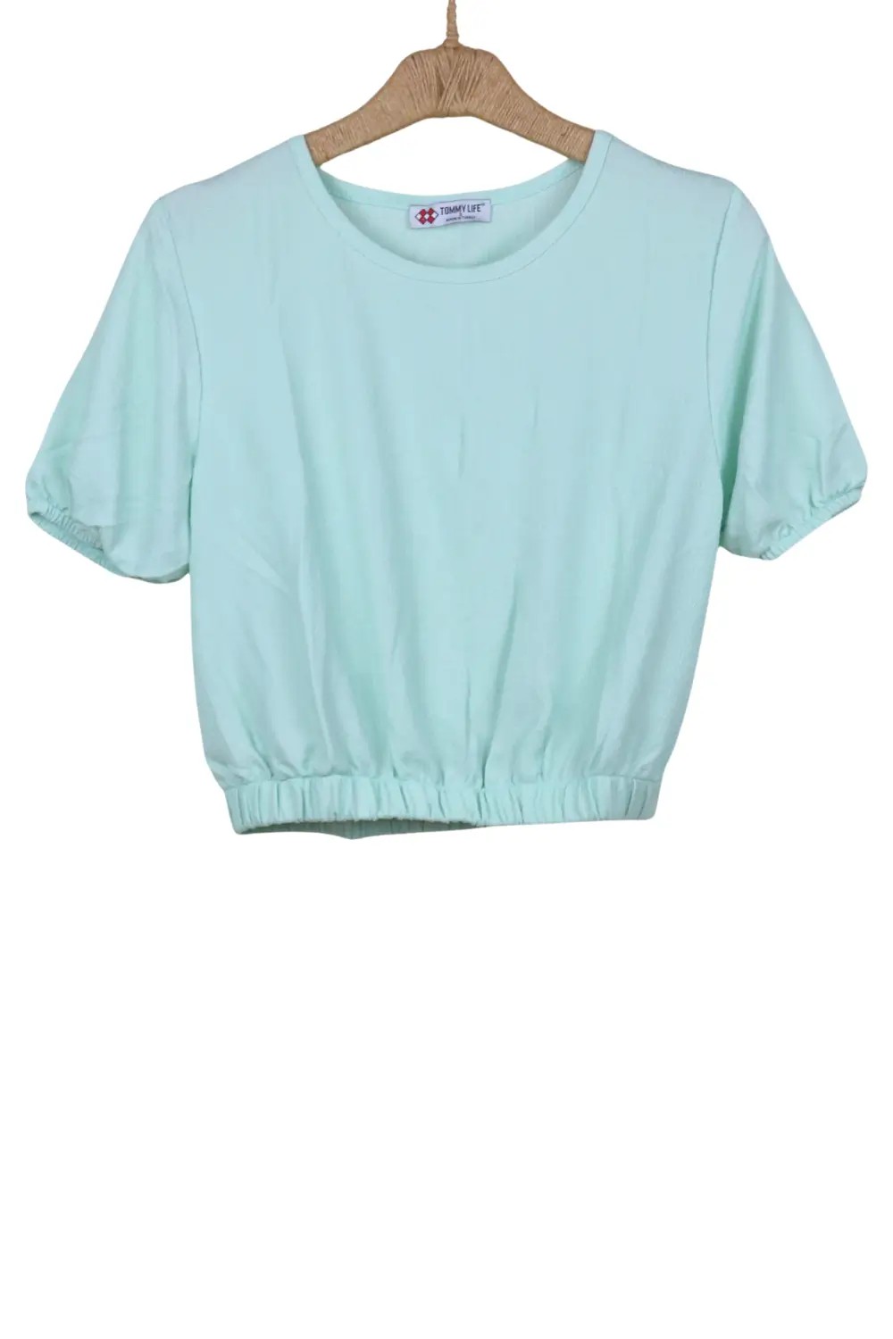 Balon Kol O Yaka Beli Lastikli Kadın Crop Top T-Shirt - TYLE22