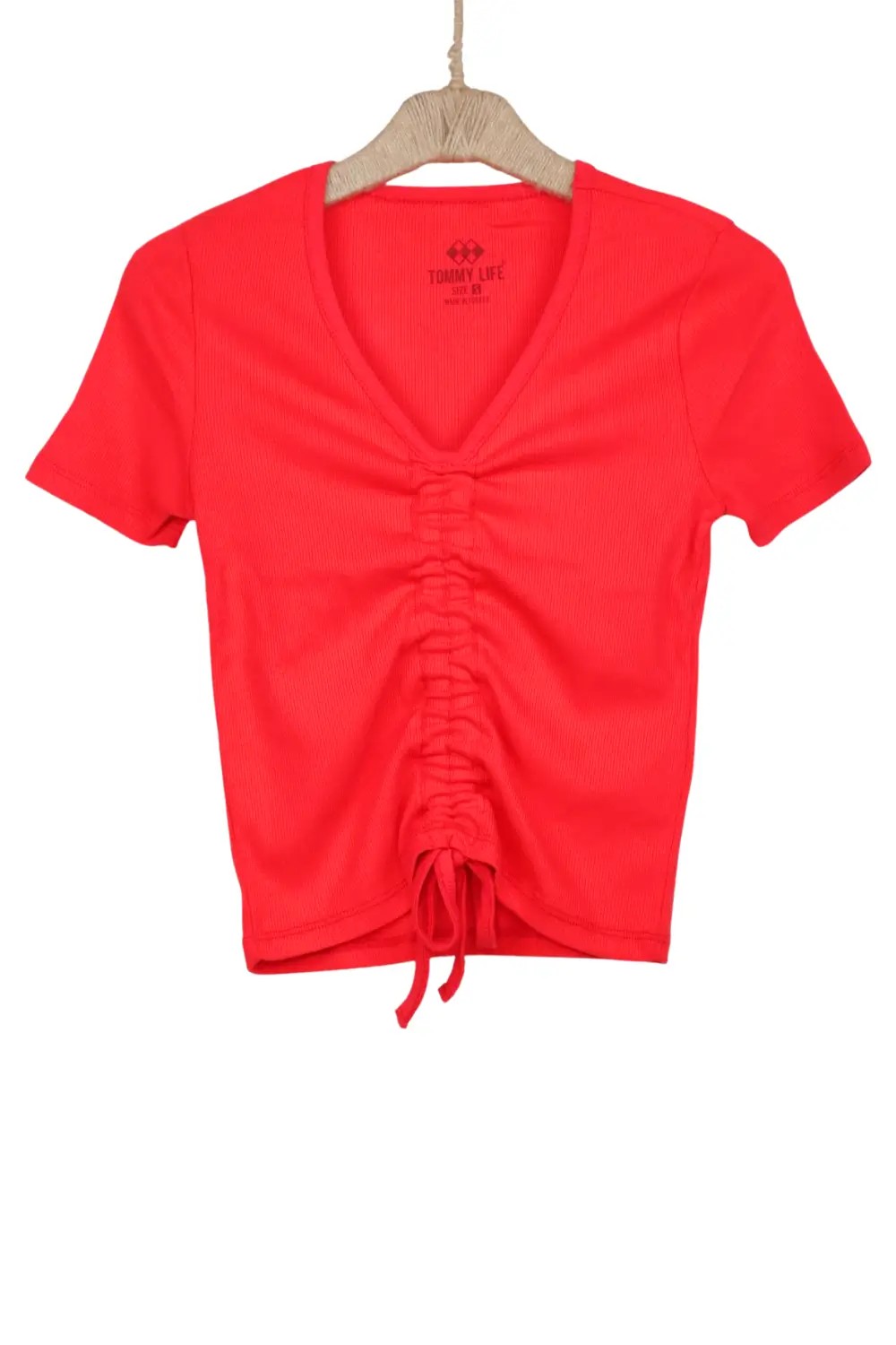 Büzgü Detaylı V Yaka Kadın Crop Top T-Shirt - TYLE20