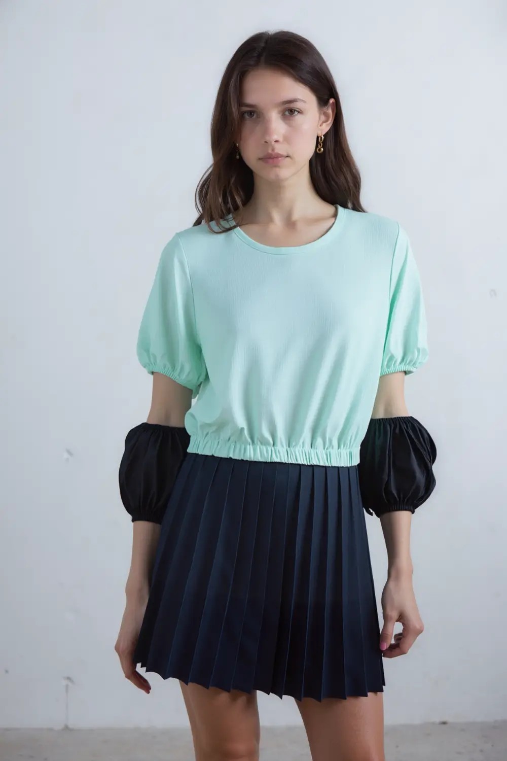 Balon Kol O Yaka Beli Lastikli Kadın Crop Top T-Shirt - TYLE22