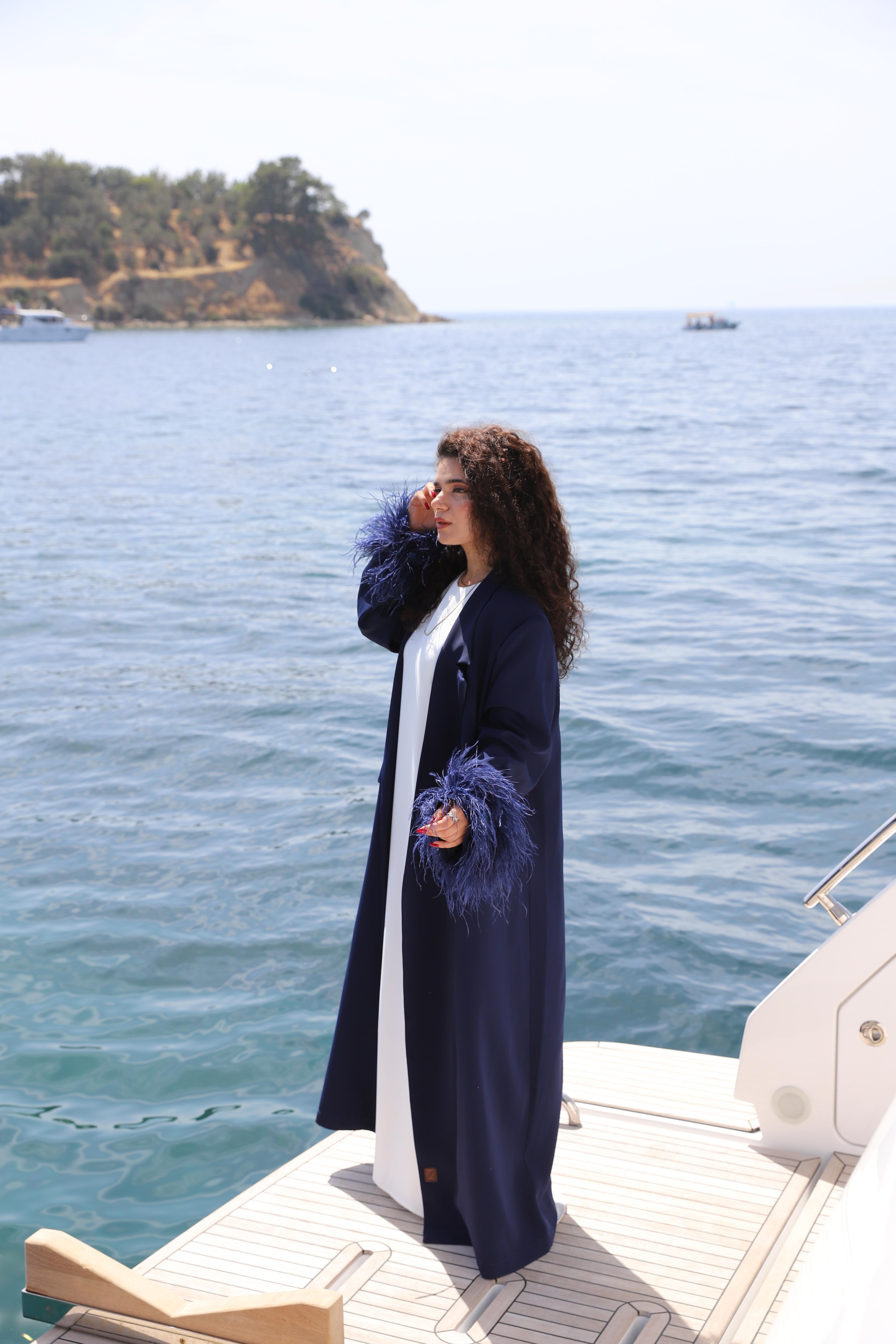 CEKET ABAYA DEVE KUŞU TÜYLÜ DARK BLUE 0010