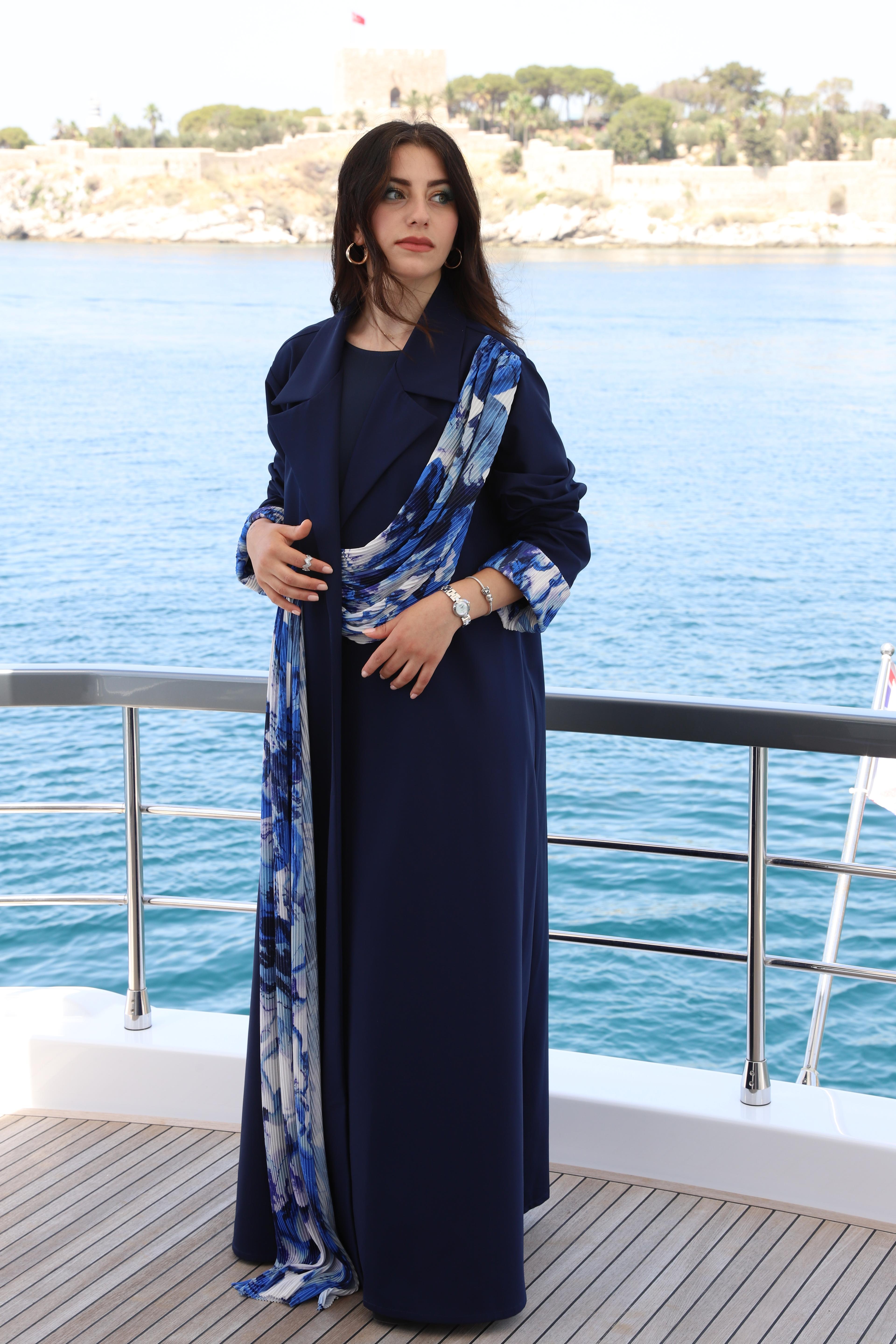 CEKET ABAYA ŞAL DETAYLI DARK BLUE & WHITE 0005