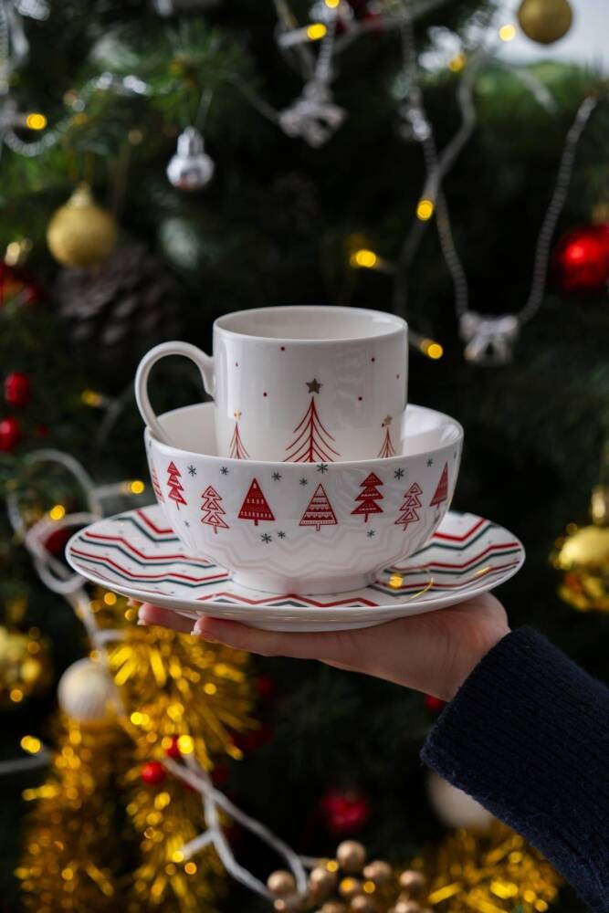 Yeni Yıl Temalı Santa 3 Parça Kase-Kupa Seti