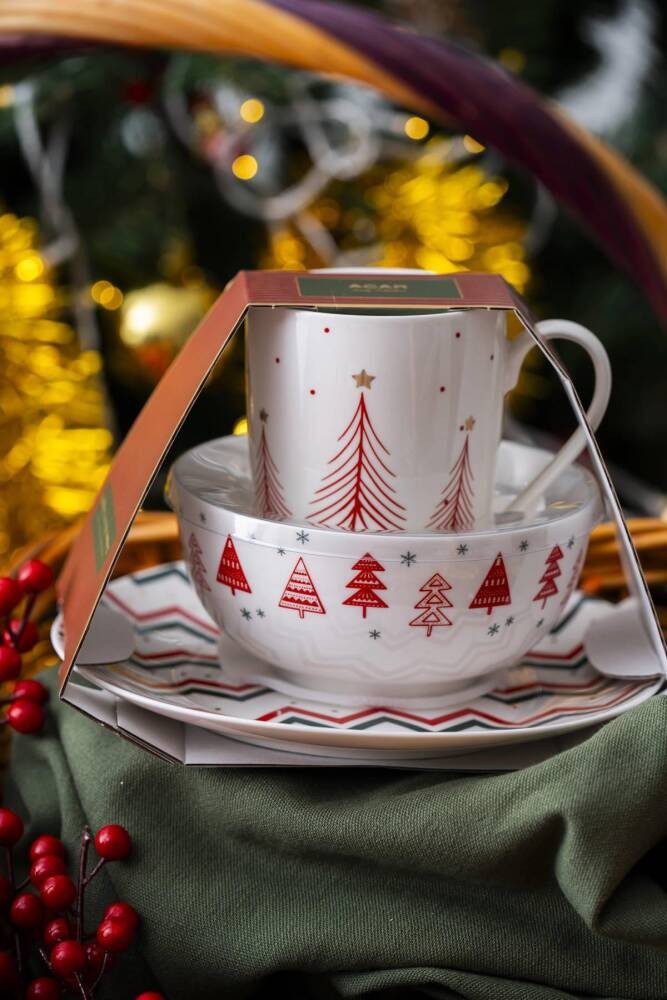 Yeni Yıl Temalı Santa 3 Parça Kase-Kupa Seti