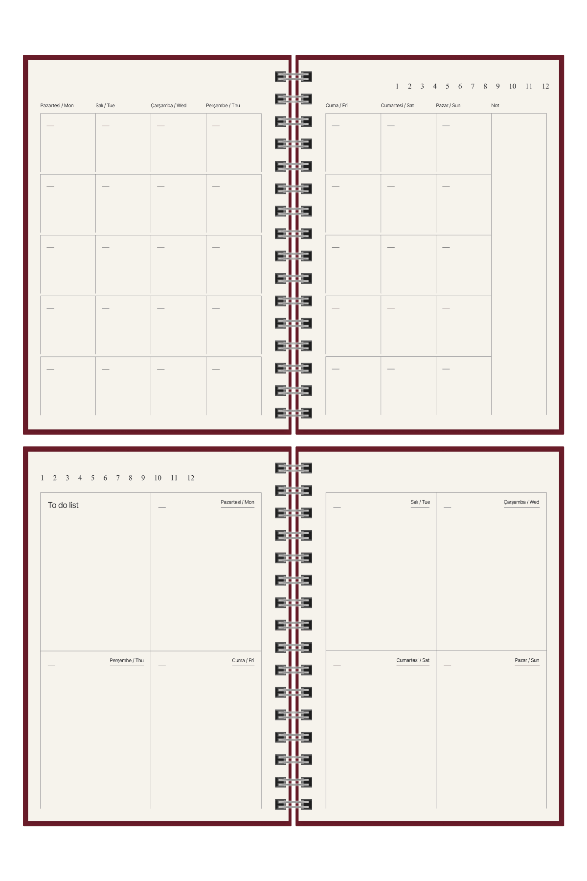 Bordo Tarihsiz Ajanda 12 Aylık