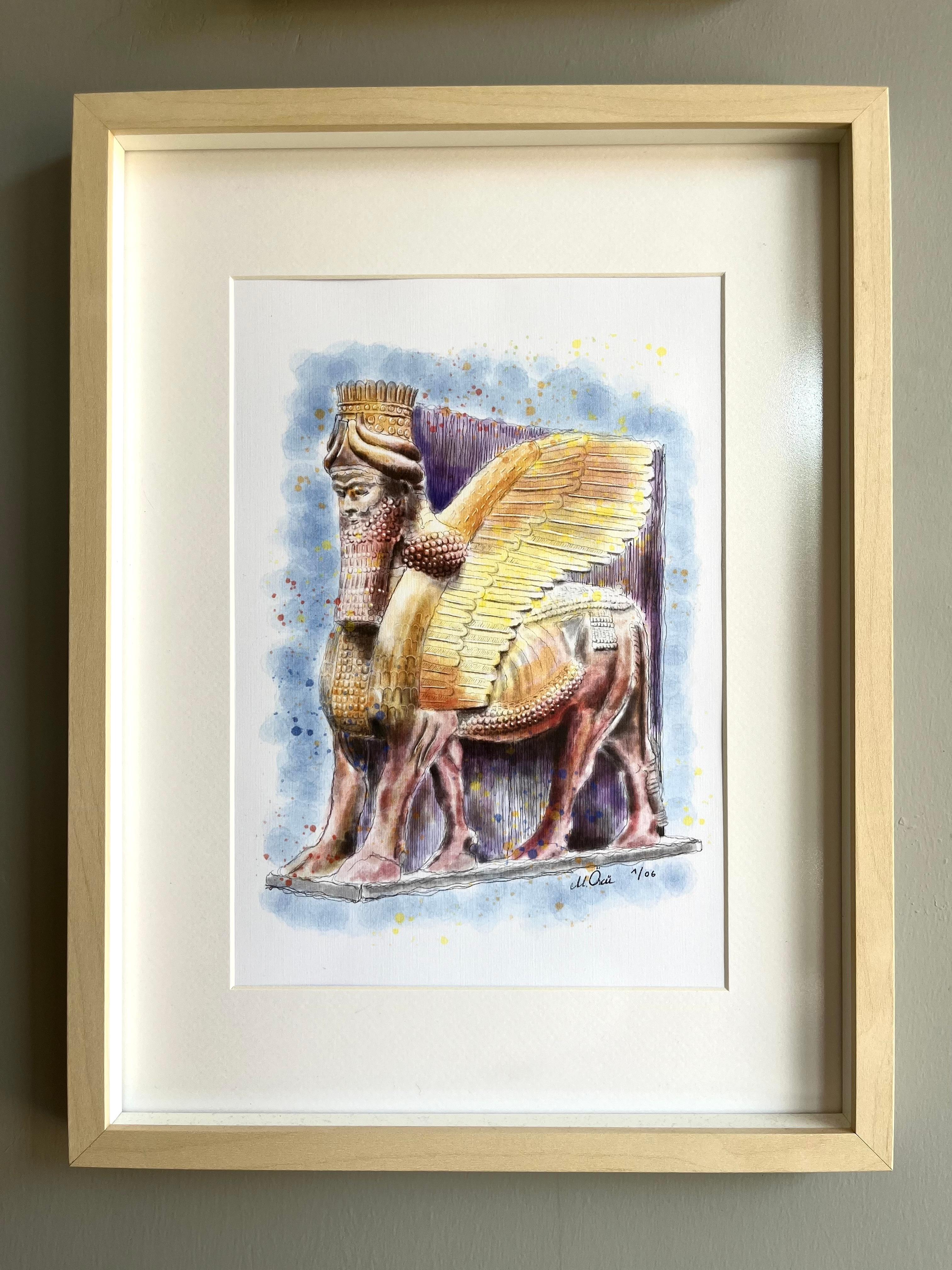 Asur Lamassu Heykeli // Çerçeveli Dijital İllüstrasyon