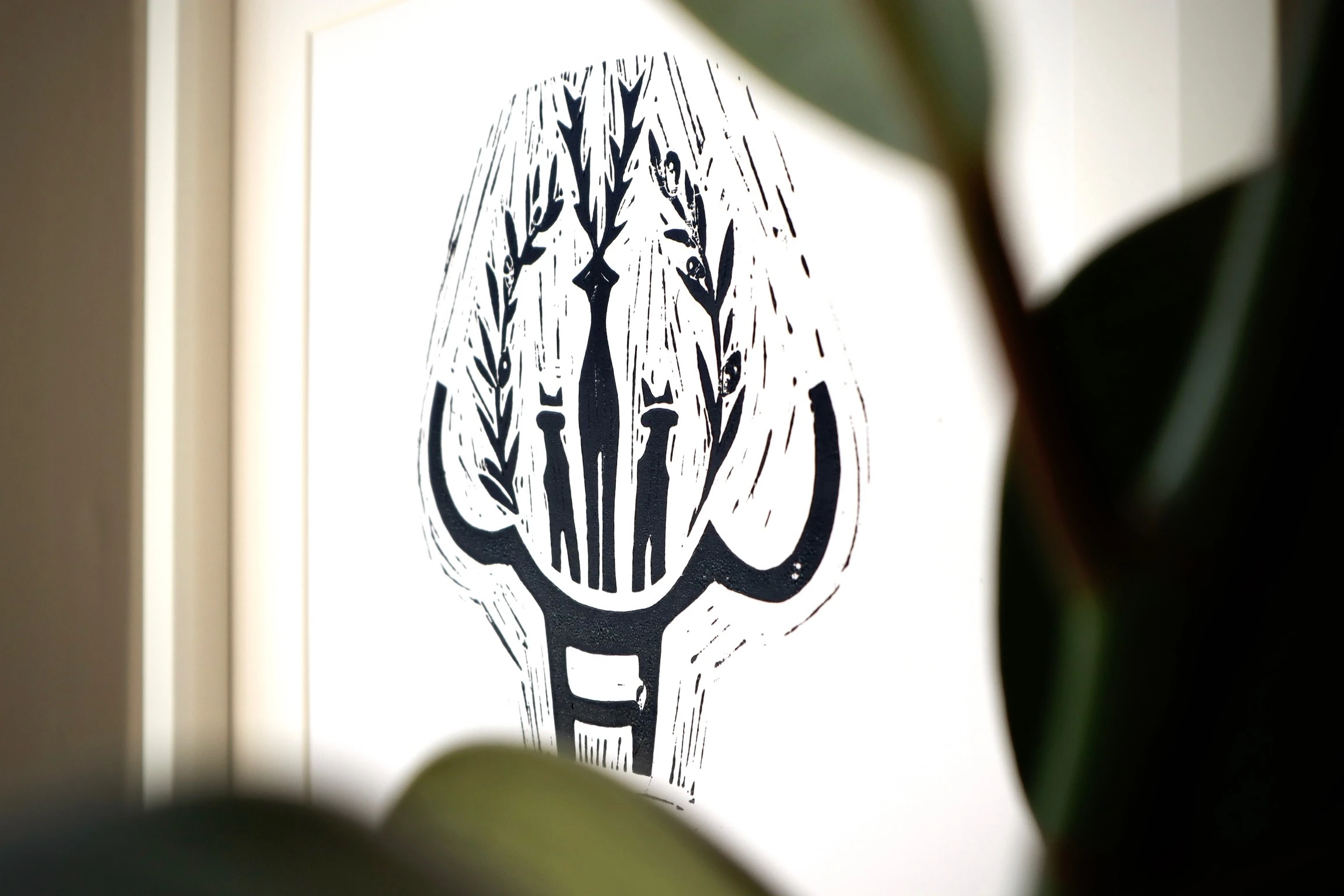 Zeytinde Güneş Kursu // Beyaz Çerçeveli Linol Baskı