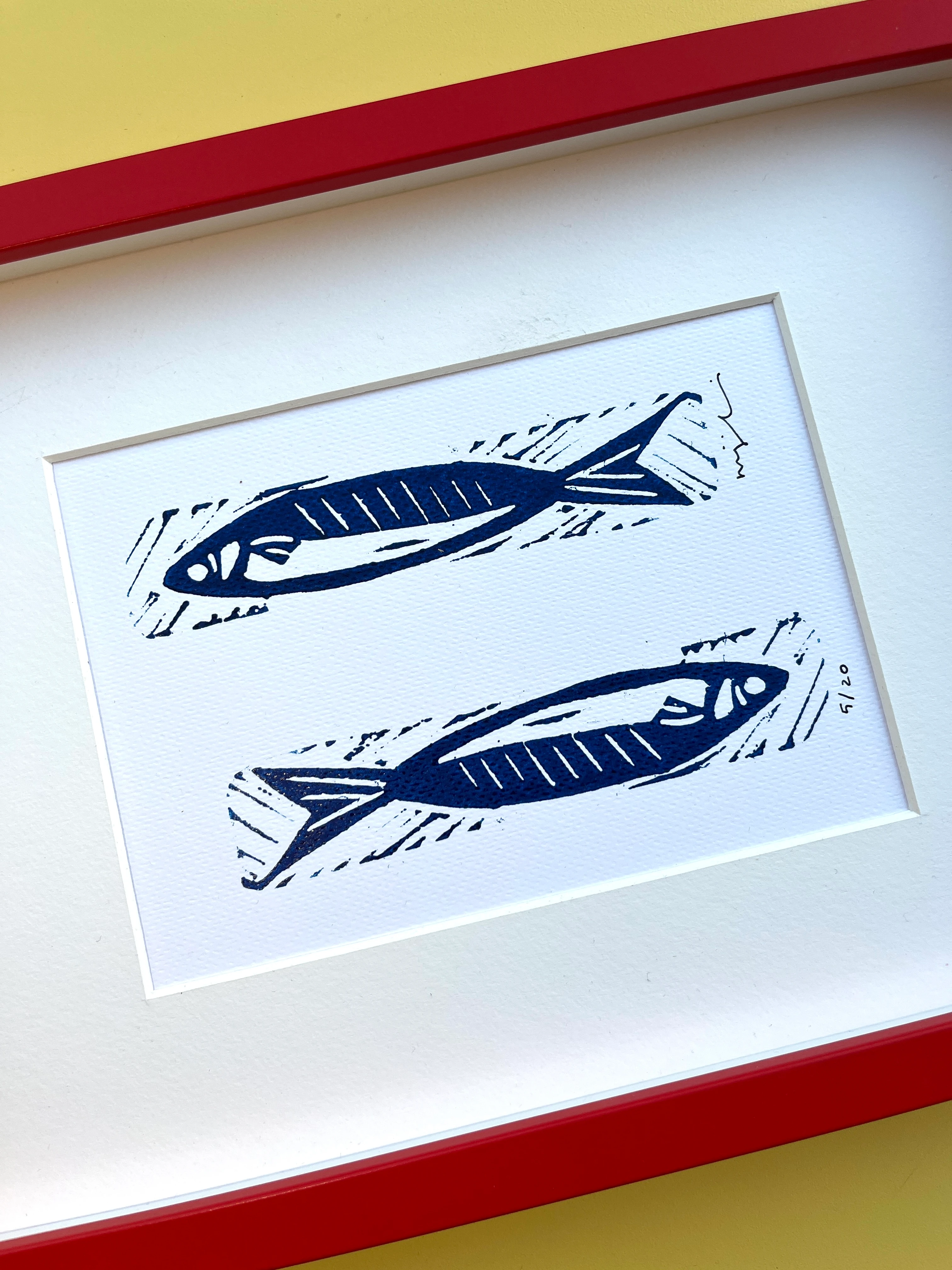 uşaklar // çerçeveli orijinal [mavi] linol baskı