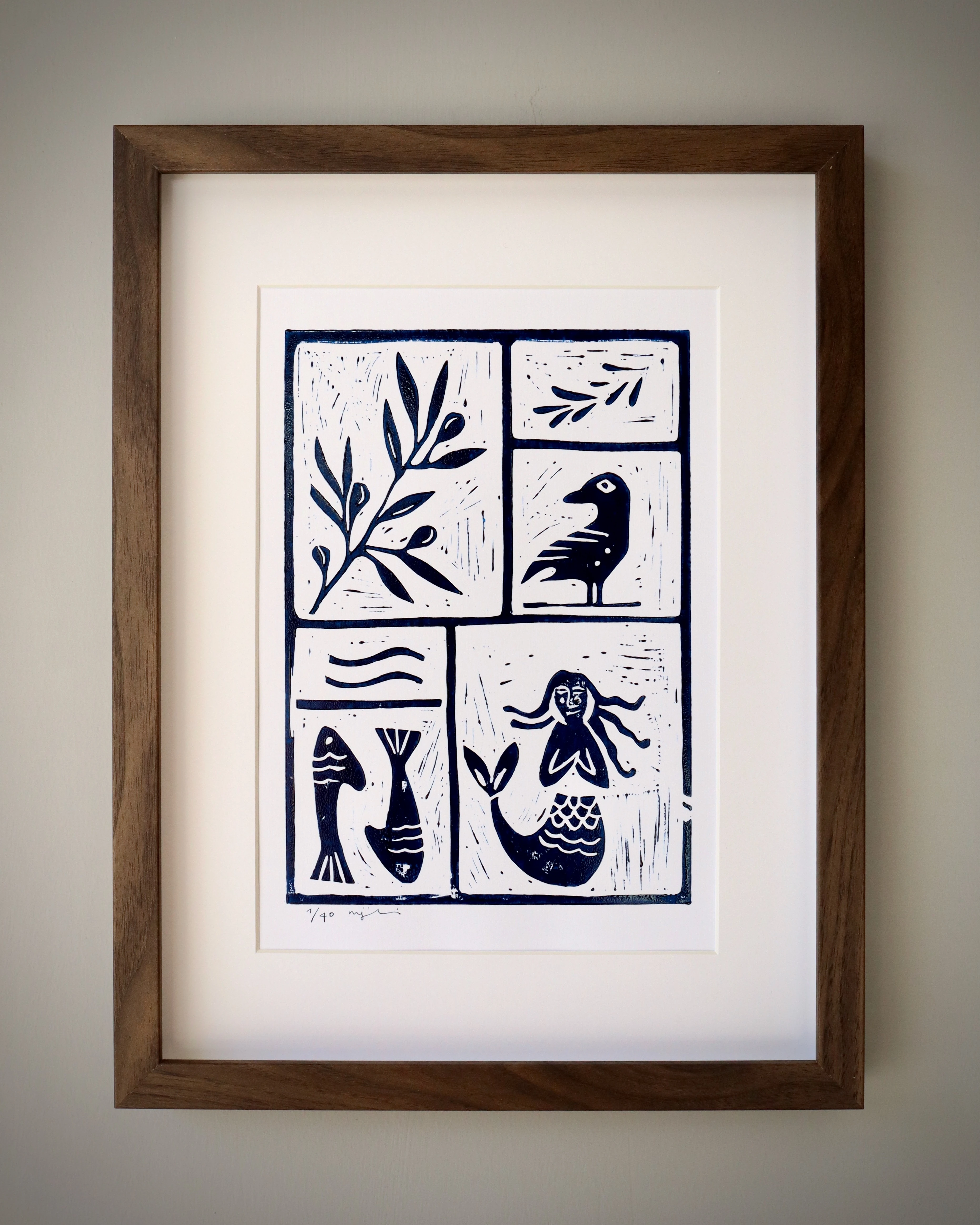 balık etli // kahve çerçeveli orijinal linol baskı