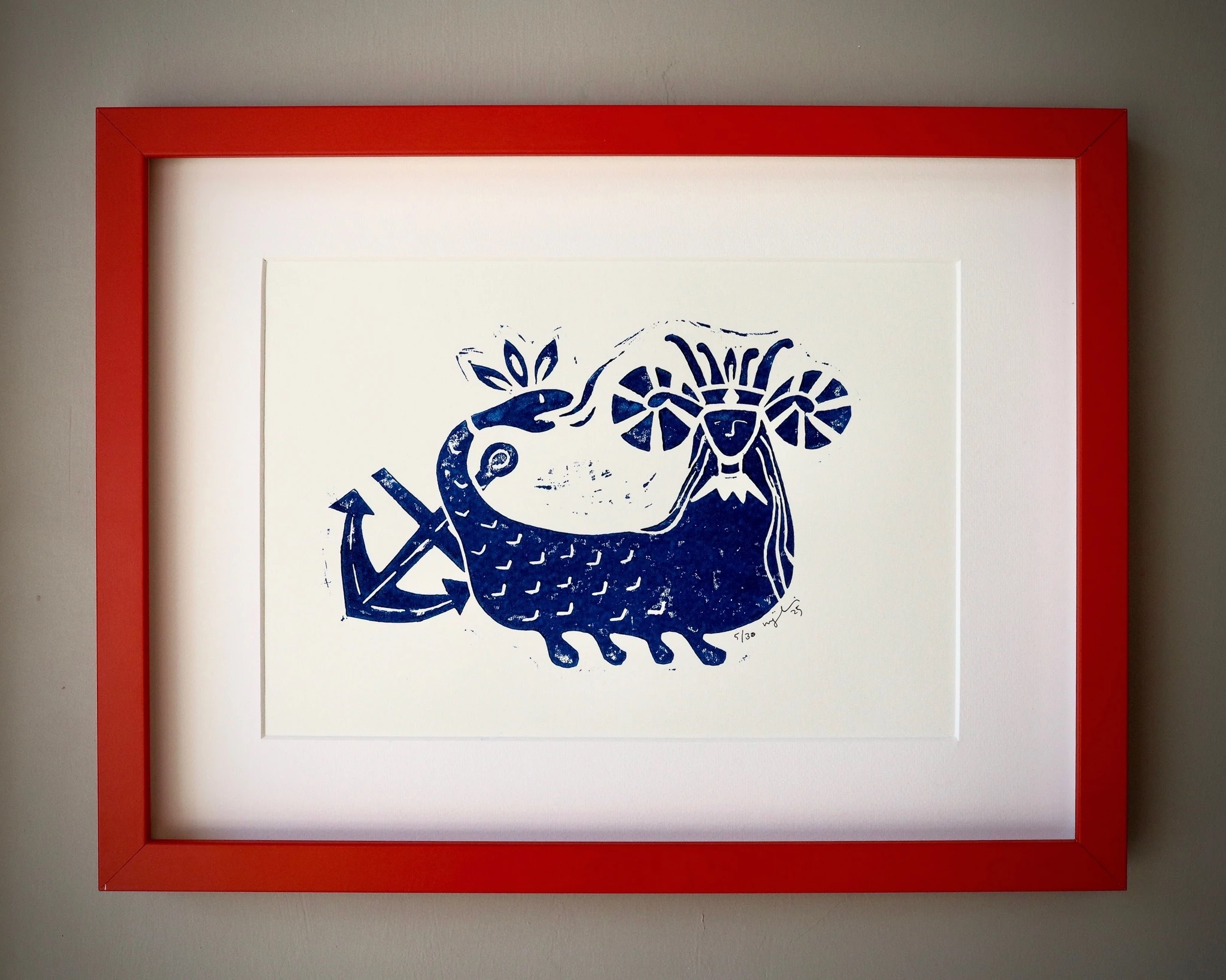 Şahmeran // Kırmızı Çerçeveli Linol Baskı