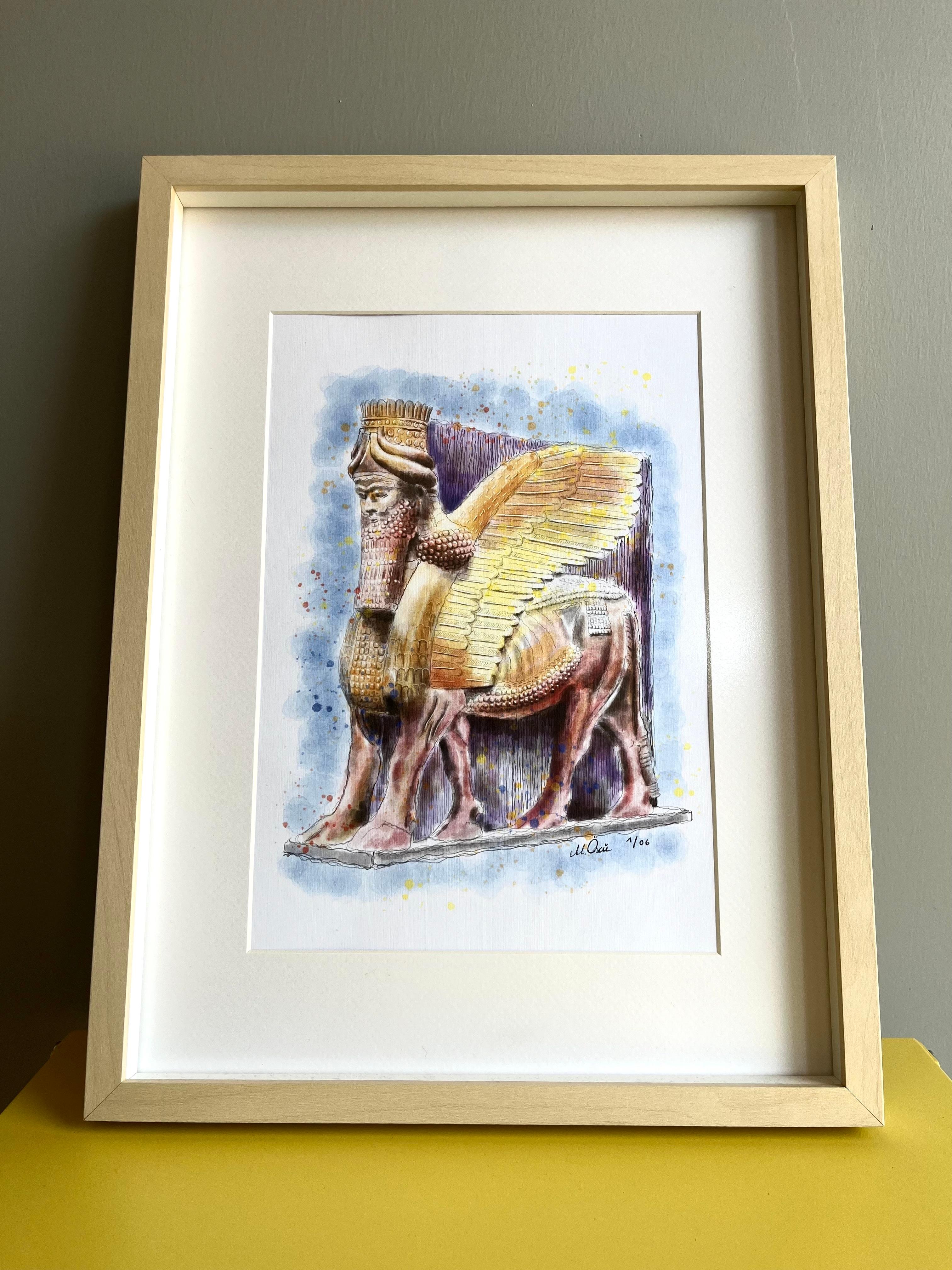 Asur Lamassu Heykeli // Çerçeveli Dijital İllüstrasyon
