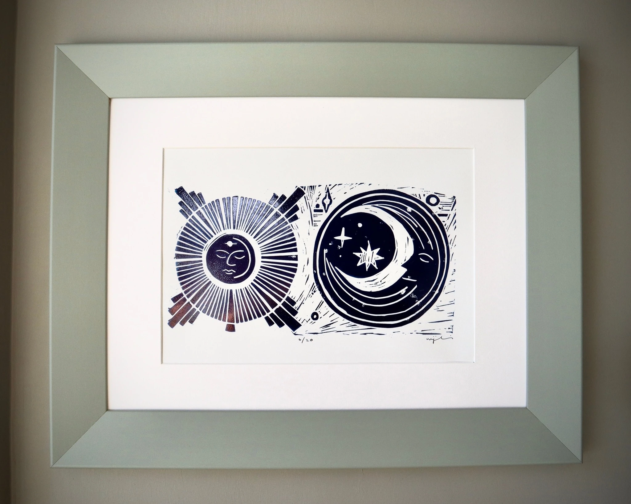 Ay ve Güneş // Mint Çerçeveli Linol Baskı