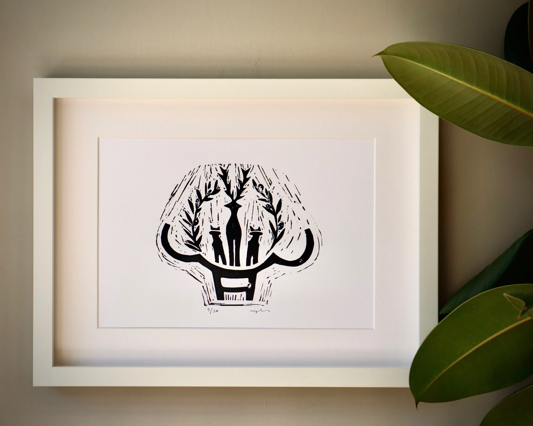 Zeytinde Güneş Kursu // Beyaz Çerçeveli Linol Baskı