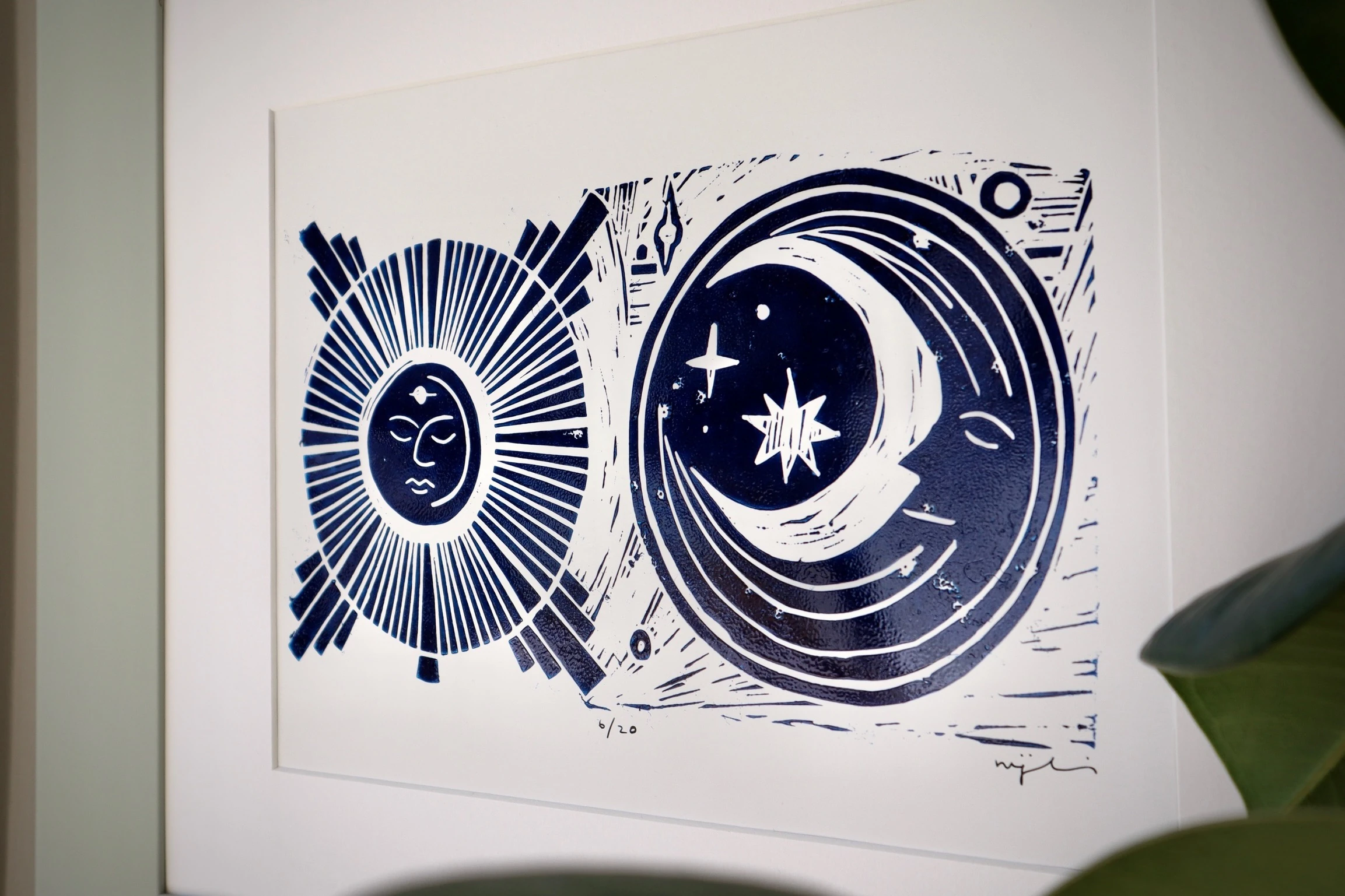 Ay ve Güneş // Mint Çerçeveli Linol Baskı
