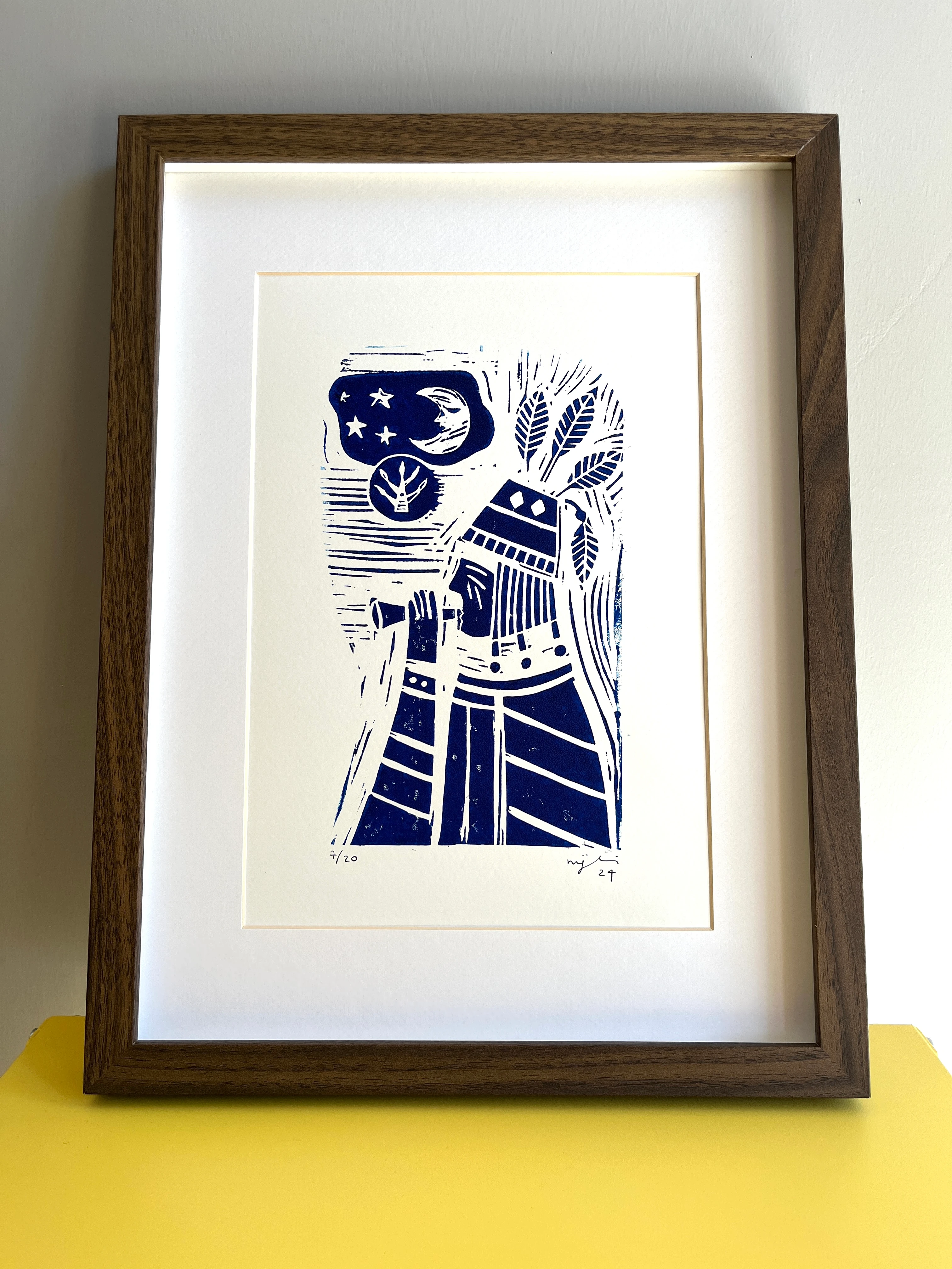 şaman // çerçeveli orijinal [mavi] linol baskı