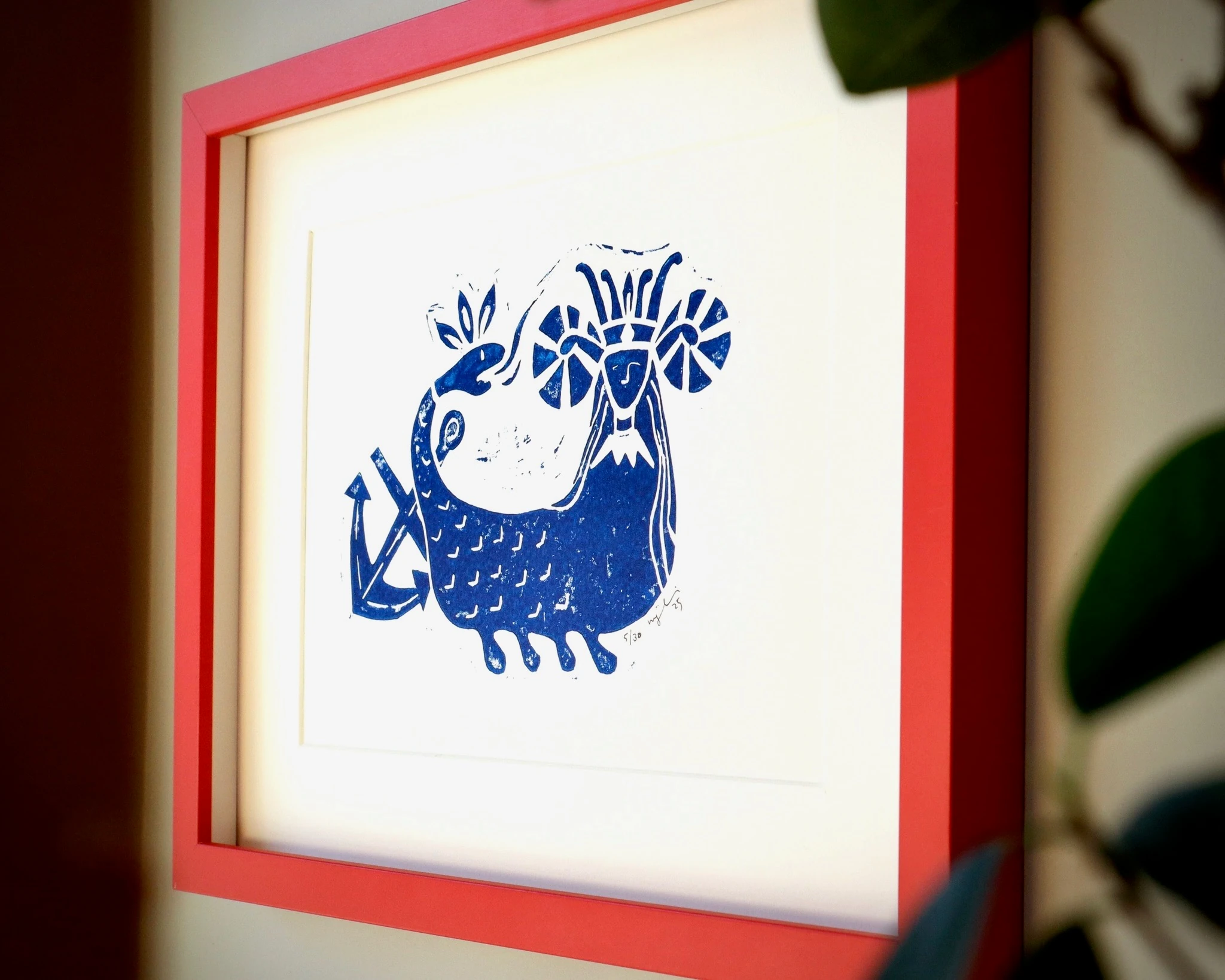 Şahmeran // Kırmızı Çerçeveli Linol Baskı