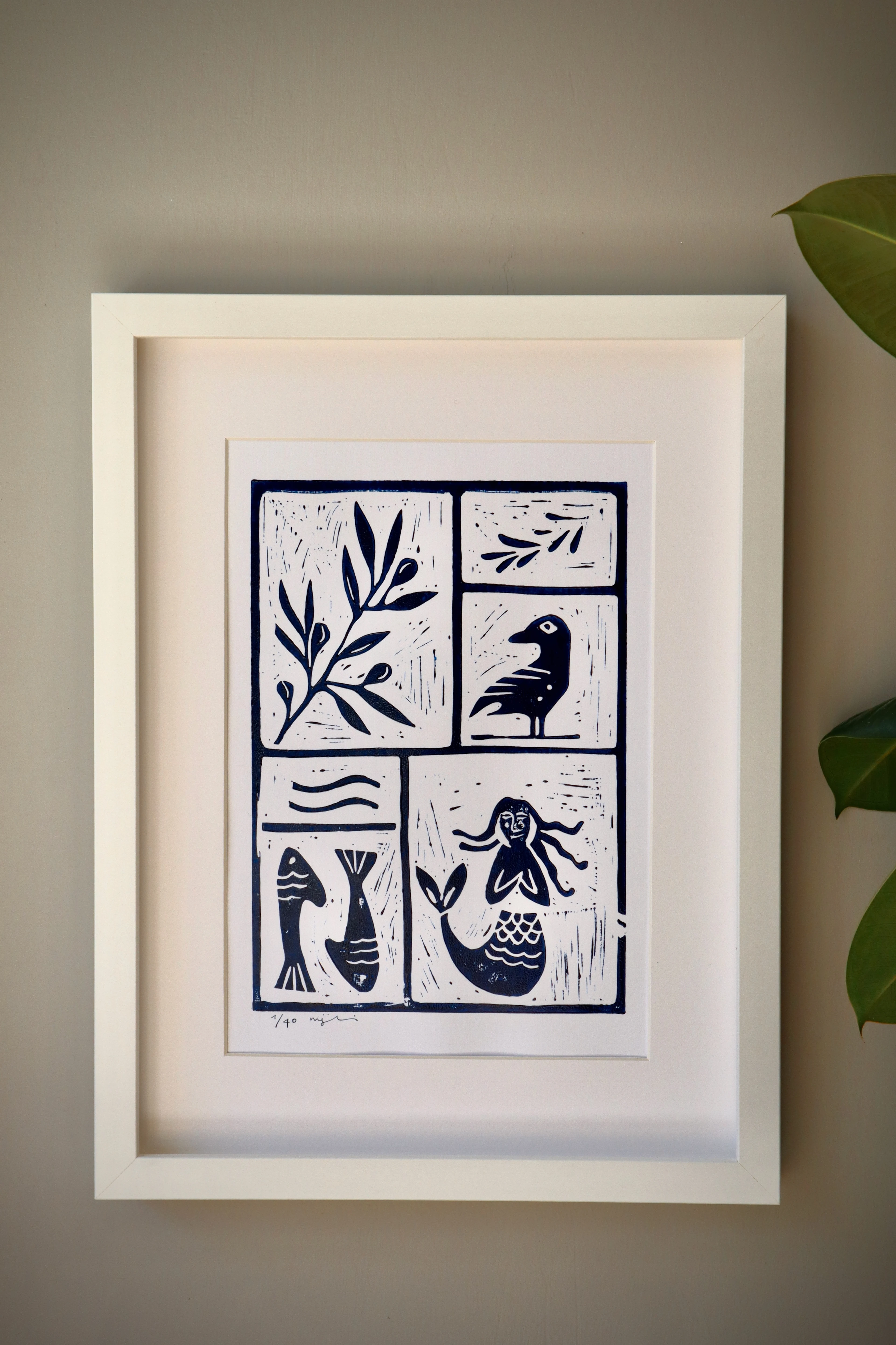 balık etli // beyaz çerçeveli orijinal linol baskı