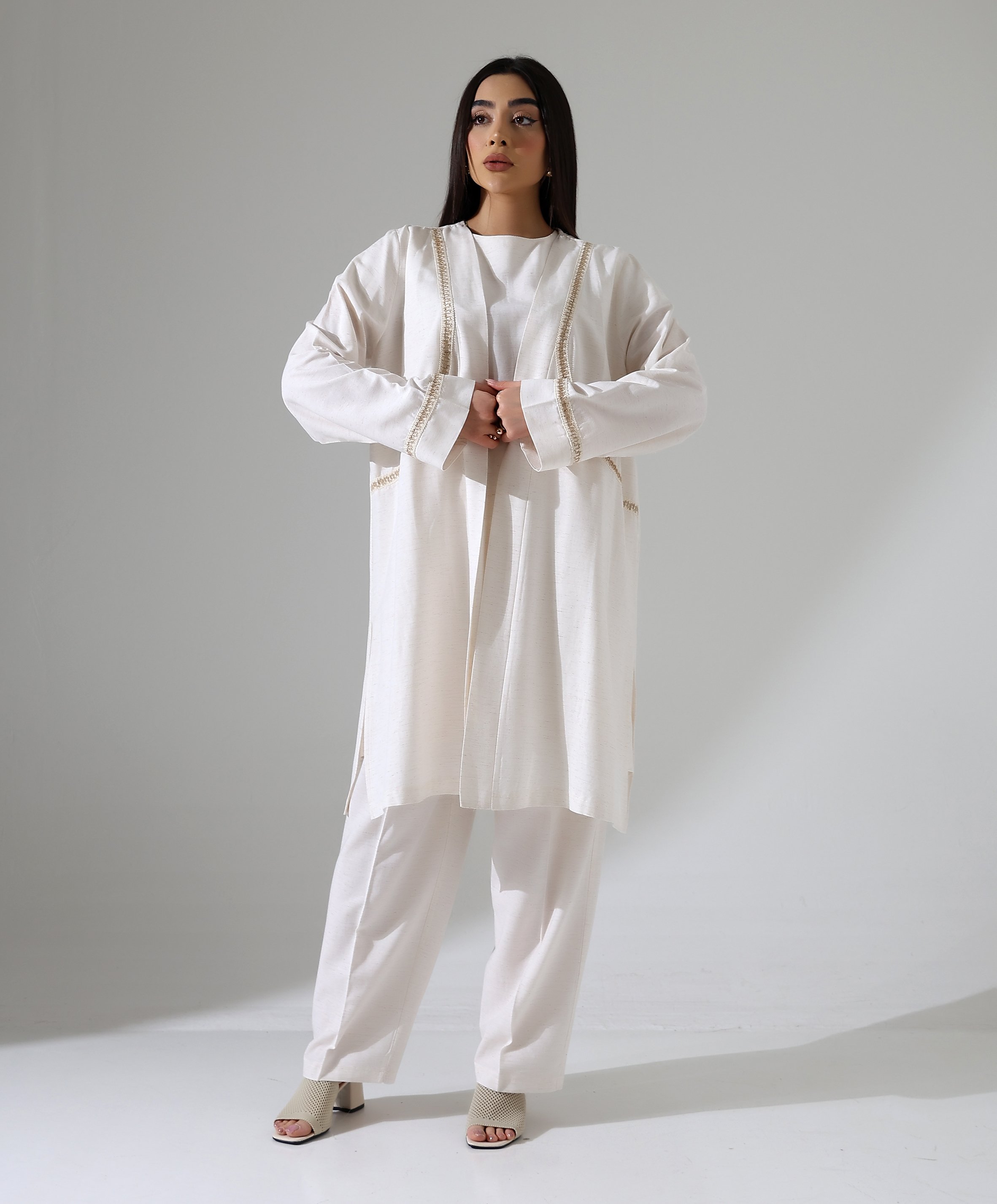 Keten Üçlü Kimono Takım - Ekru