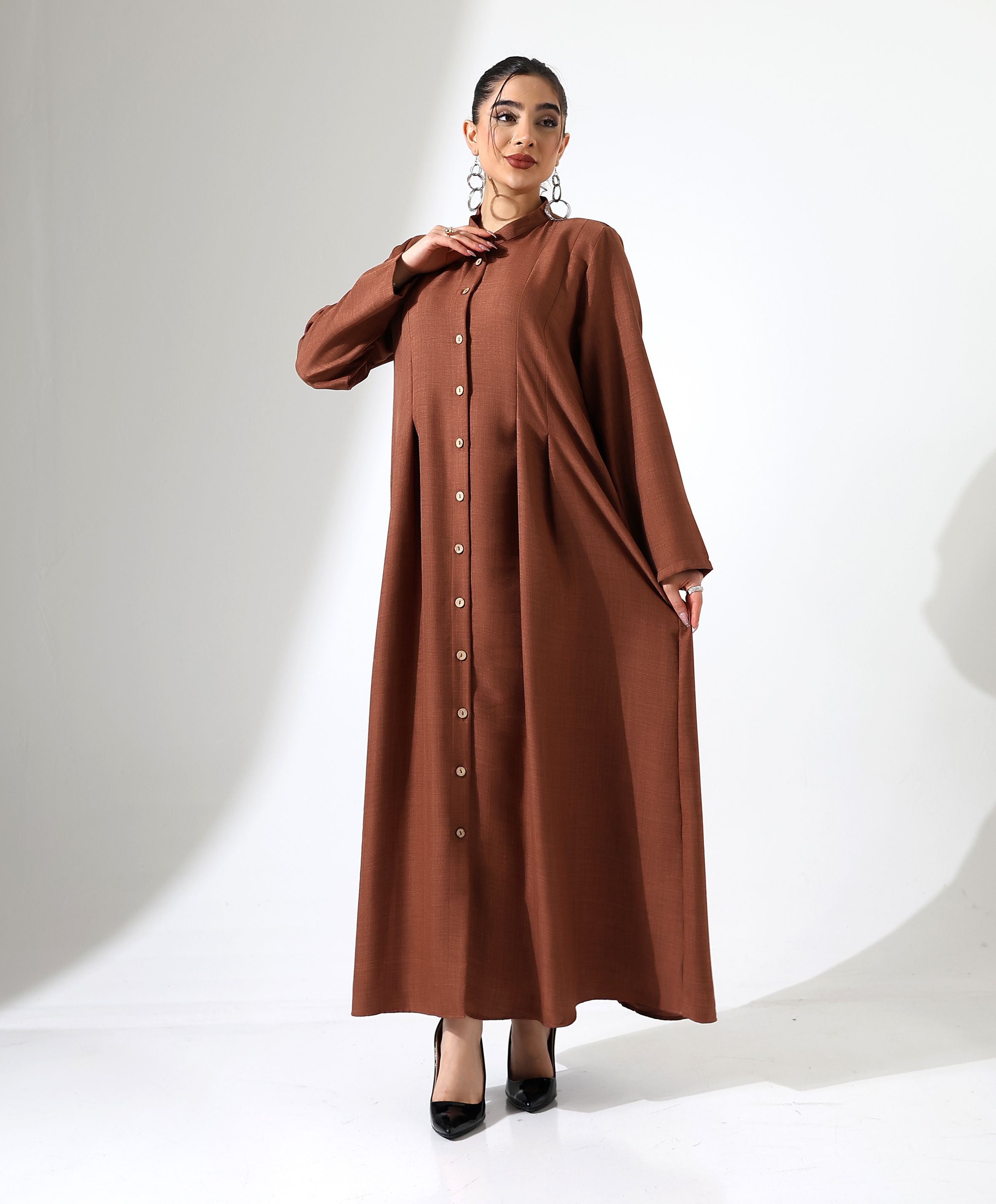 Modest Hakime Yaka Uzun Elbise - Taba