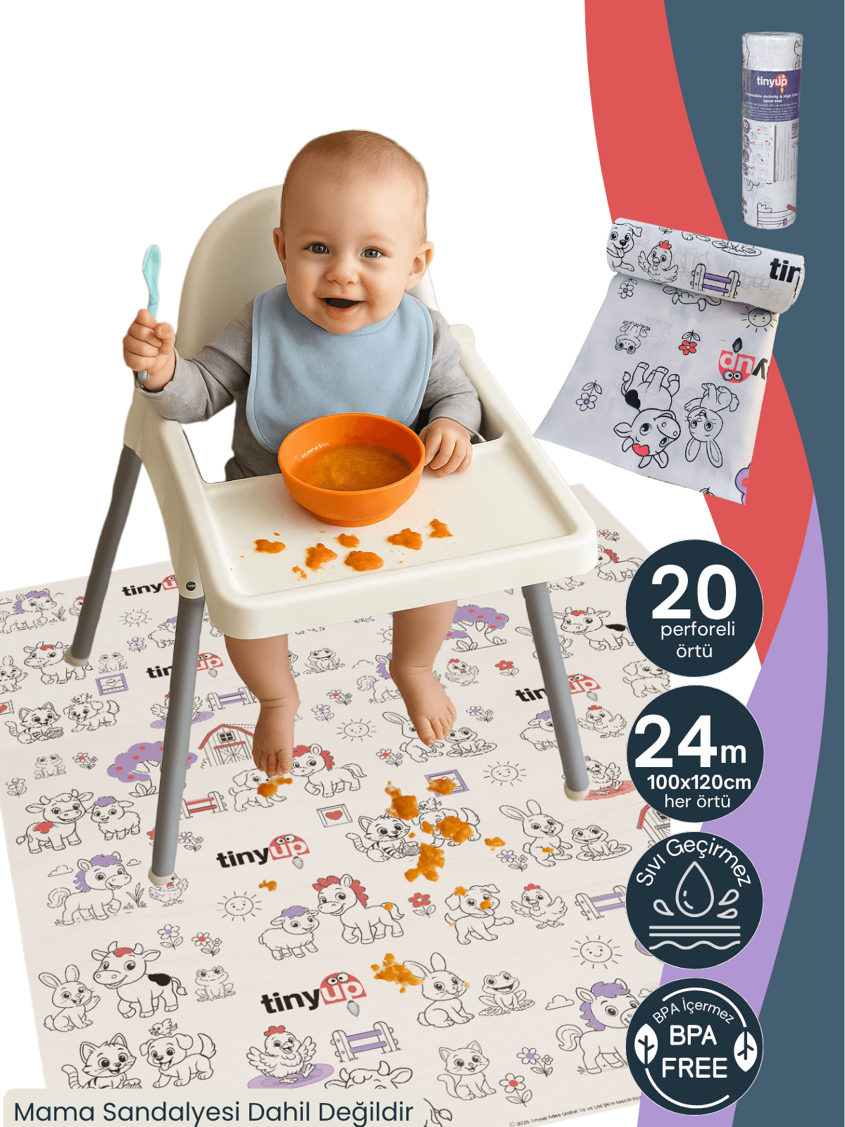 Tek Kullanımlık Mama Sandalyesi Altı & Aktivite Örtüsü – 100x120 cm - Sıçrama Koruyucu Matı - 2li Rulo Set