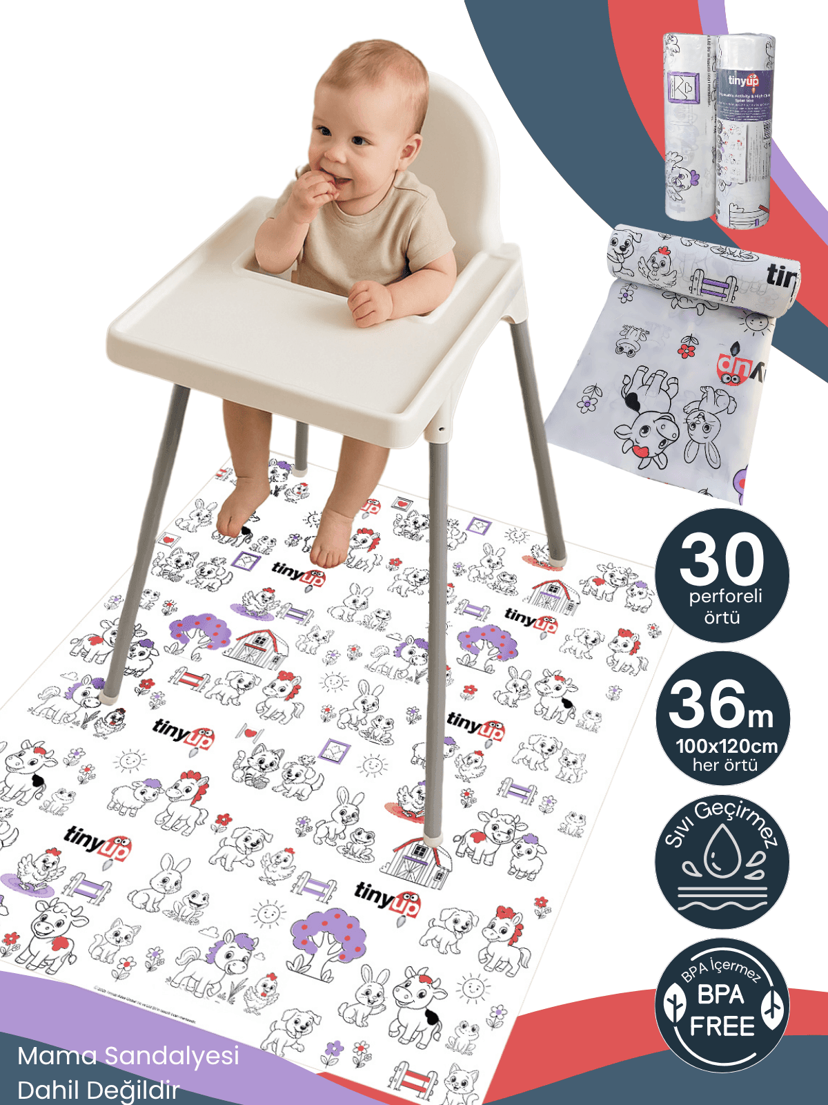 Tek Kullanımlık Mama Sandalyesi Altı & Aktivite Örtüsü – 100x120 cm - Sıçrama Koruyucu Matı - 3lü Rulo Set